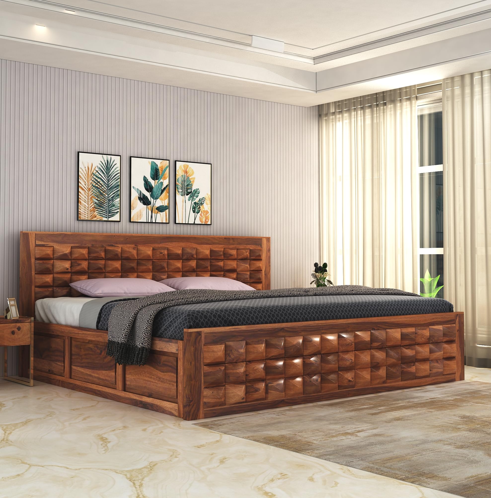 SONA ART & CRAFTS Diamond Solid Sheesham Wood King Size Bed with Storage Box + 2 Side Tables | Wooden King Size Cot Bed Double Bed with Box for Home - Teak Finish (Assembly Included)
