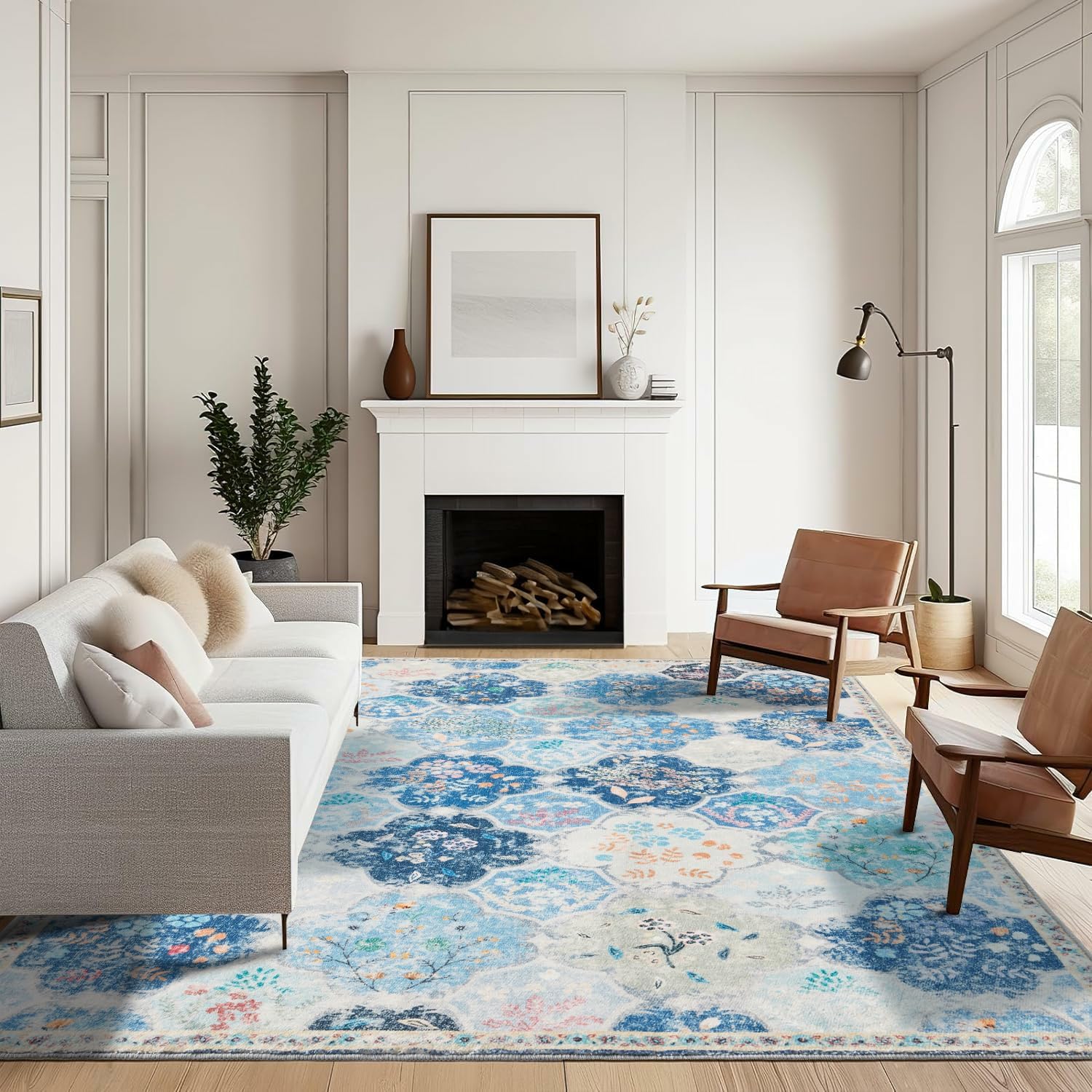 Large Washable Area Rugs for Living Room - 6'x9' Boho Bedroom Rugs, Vintage Distressed Print Non Slip Non Shedding Soft Indoor Floor Carpet for Kids Boys Girls Playroom & Dining Room 6'x9' Light Blue