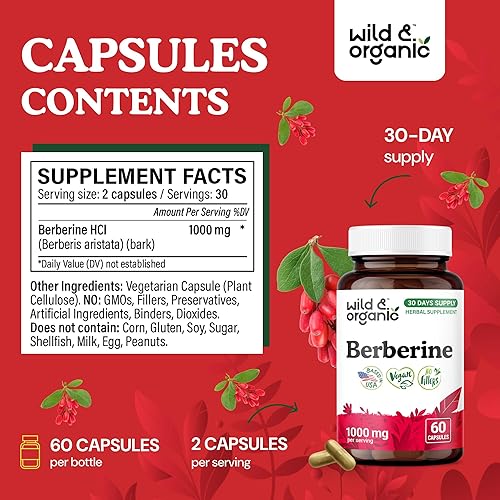 Miniatura 3 de Wild & Organic Cápsulas de suplemento de berberina de 1000 mg  Antioxidante y apoyo general  Polvo puro de berberina HCL  Corteza de Berberis