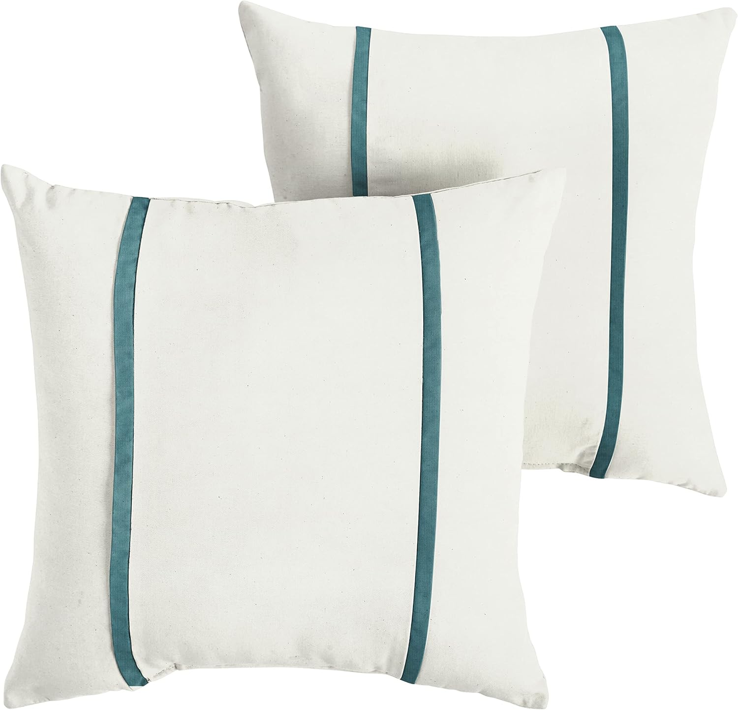 AMPS114722 Indoor Outdoor Sunbrella Square Pillows, Set of 2, 16 x 16, Canvas Natural Ivory & Peacock Blue