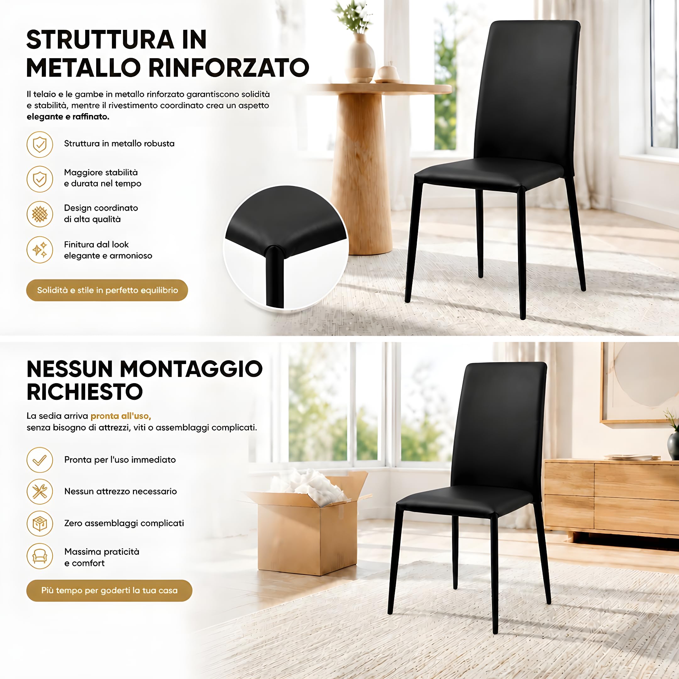 Set 4 Sedie Sala da Pranzo, Sedie Moderne in Ecopelle Lavabile, Sedie Cucina Imbottite con Struttura in Metallo e Gambe Inclinate Antiribaltamento, Impilabile, Montaggio non richiesto (Nero)