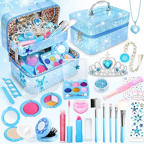 INNOCHEER Kit de maquillaje para niños, juguetes congelados para niñas, kit de maquillaje lavable de doble capa, maquillaje congelado para niñas