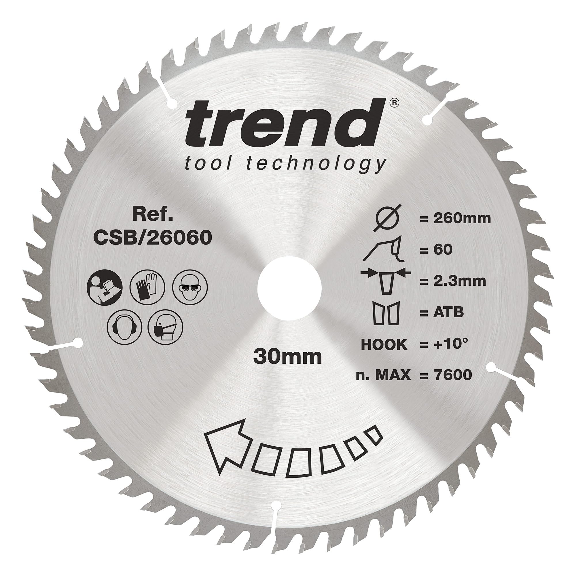 Trend Wood Circular Saw Blade, 260mm Diameter, 30mm Bore, 60 Teeth, 2.3mm Kerf, +10° Hook, TCT, Fine Finish, CSB/26060