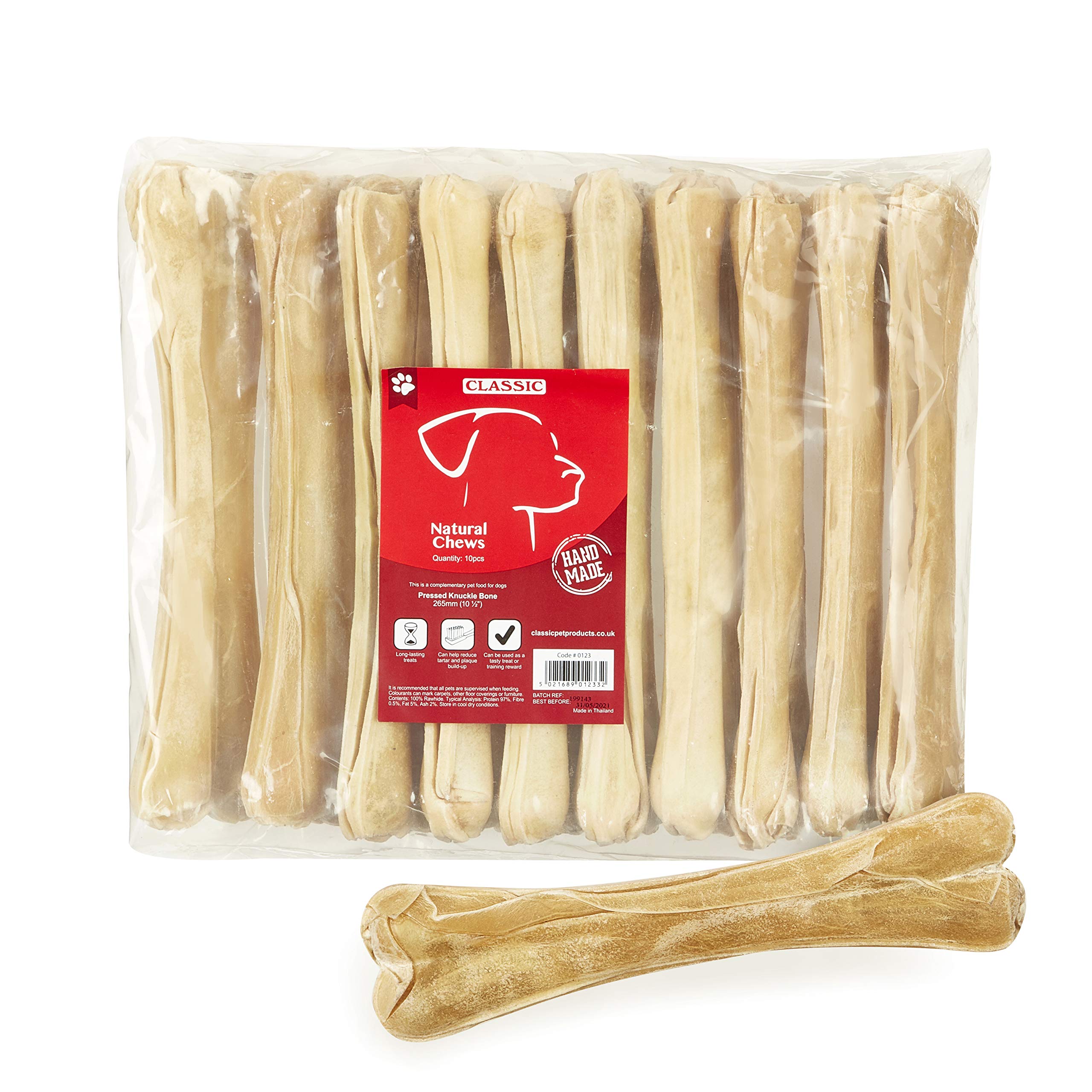 Classic Pet Products Rawhide Pressed Knuckle Bone for Dogs, 265 mm, Pack of 10