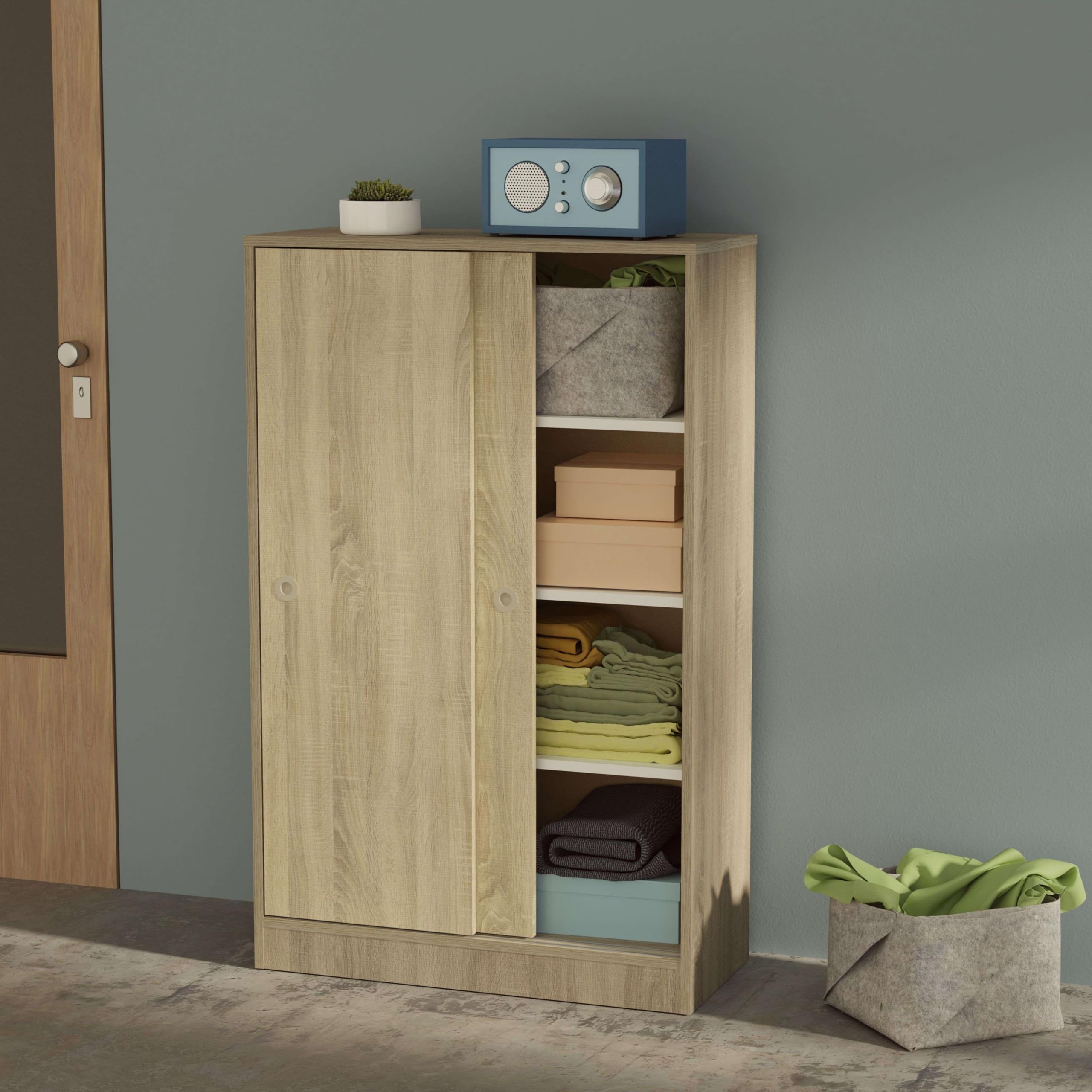 Muebles Pitarch | Armadio Ausiliario Multiuso basso porte scorrevoli per pulizia, cucine, gallerie, uffici 120x74x33cm (altezza x larghezza x profondità), Bianco e Rovere Cambrian, Collezione Tibet