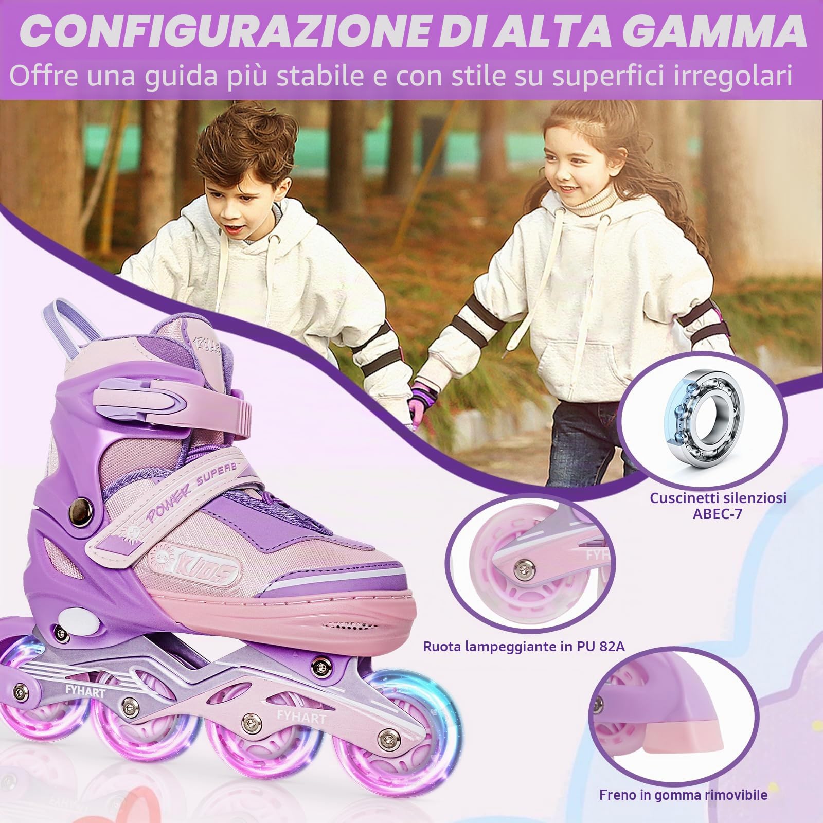 Pattini in linea per bambina e ragazze, Regolabili pattini in linea a 4 ruote per bambini e adolescenti con ruote luminose per lo sport, Rosa Viola