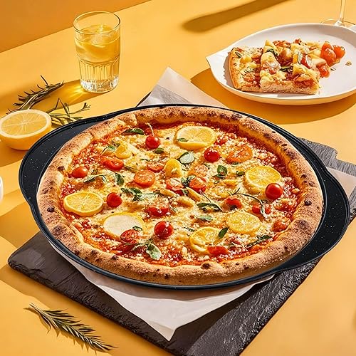 Miniatura 6 de Sartenes antiadherentes para pizza de 2P, bandeja redonda de 12 pulgadas con agujeros y asa, sartén de pizza de acero al carbono para horno, apto