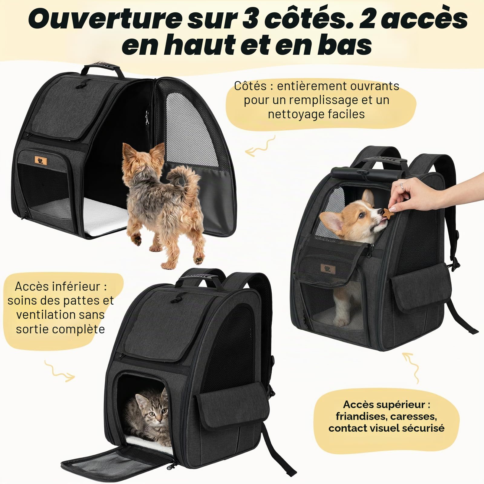 Aystkniet Sac à Dos Transport Chien Chat, Sac Respirant 270° avec 3 Ouvertures, Sac Pliable pour Petit Animal, Rideau Intimité, Support Valise, Voyage Randonnée Camping Plein Air