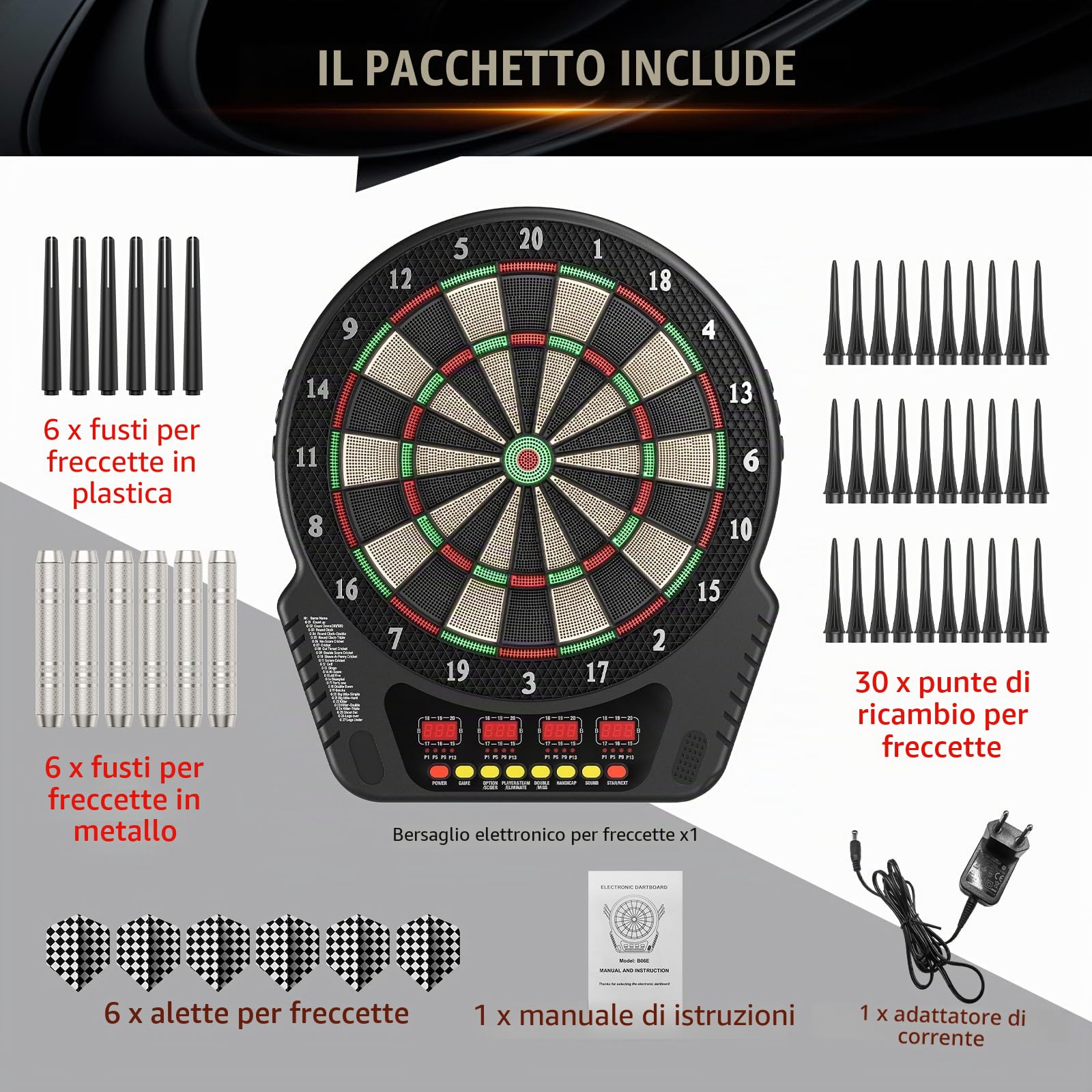 Bersaglio Elettronico Professionale con 6 Freccette con 4 Schermo LCD, Bersaglio Freccette Elettronico offre 27 Giochi e 243 Modi, Rendendolo per Amici, Famiglia, Ufficio e Feste al Pub.