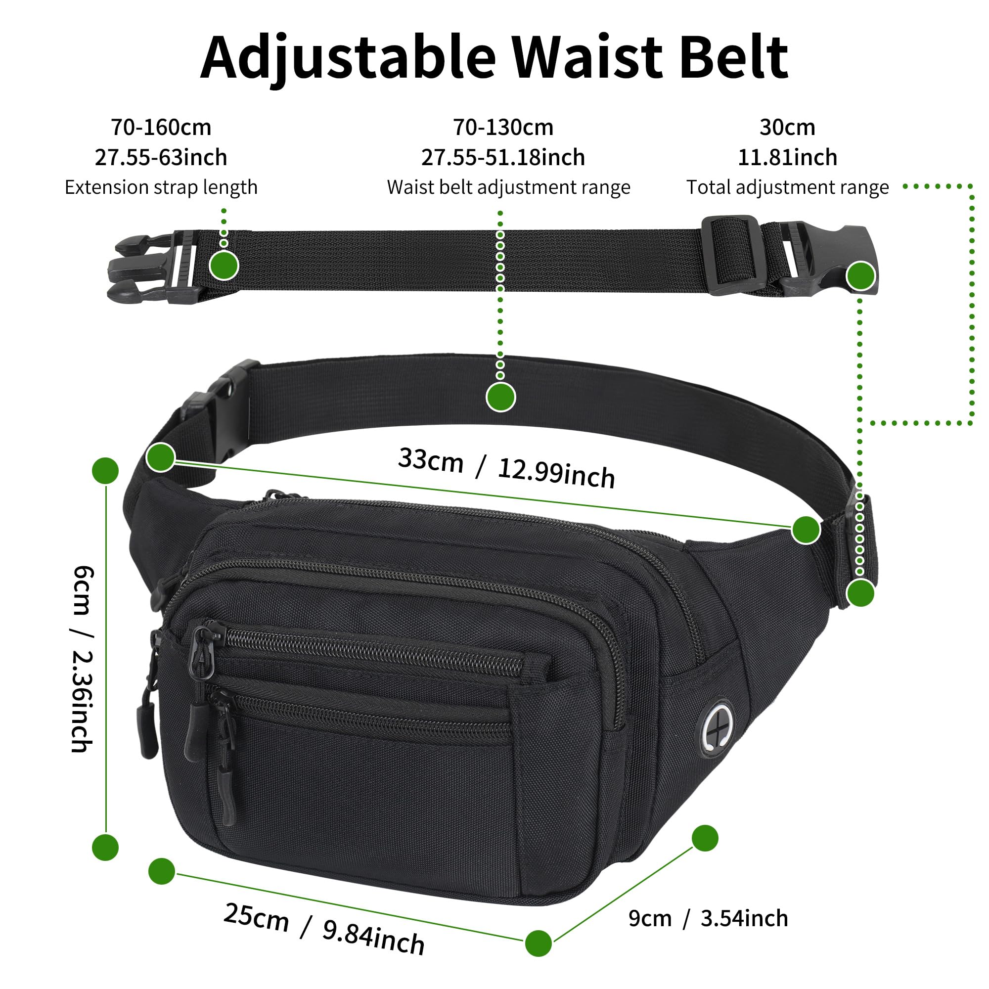Marsupio Uomo Donna Sportivo Impermeabile Cintura Regolabile 30 cm 6 Tasche Cerniera Outdoor Passeggiate Escursionismo Trekking Ciclismo Viaggio