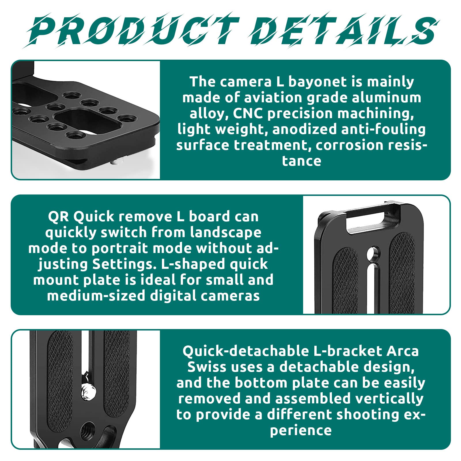 Support Universel Pour Appareil Photo DSLR Vertical L : Plaque de Libération Rapide en Aluminium, Construction Solide, Pour La Photographie Professionnelle (Noir)