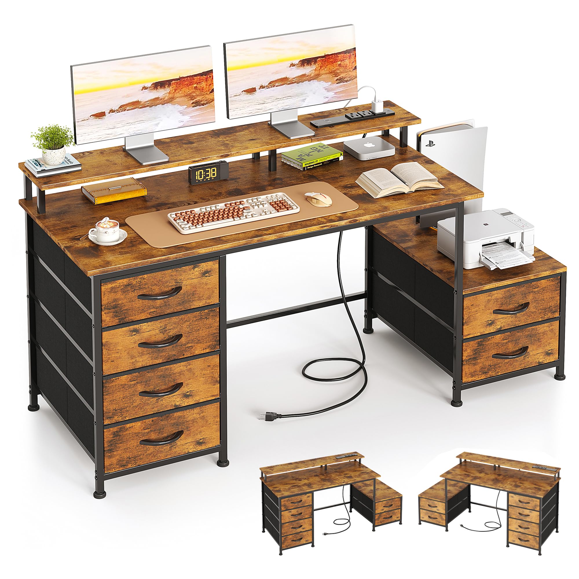 Flrrtenv Flrrtenv 50 Inch Desk with Fabric Drawer, Computer Desk with Printer Cabinet, Industrial Writing Desk with Monitor Stand, Long Study Table Workstation for Home Office, Rustic Brown