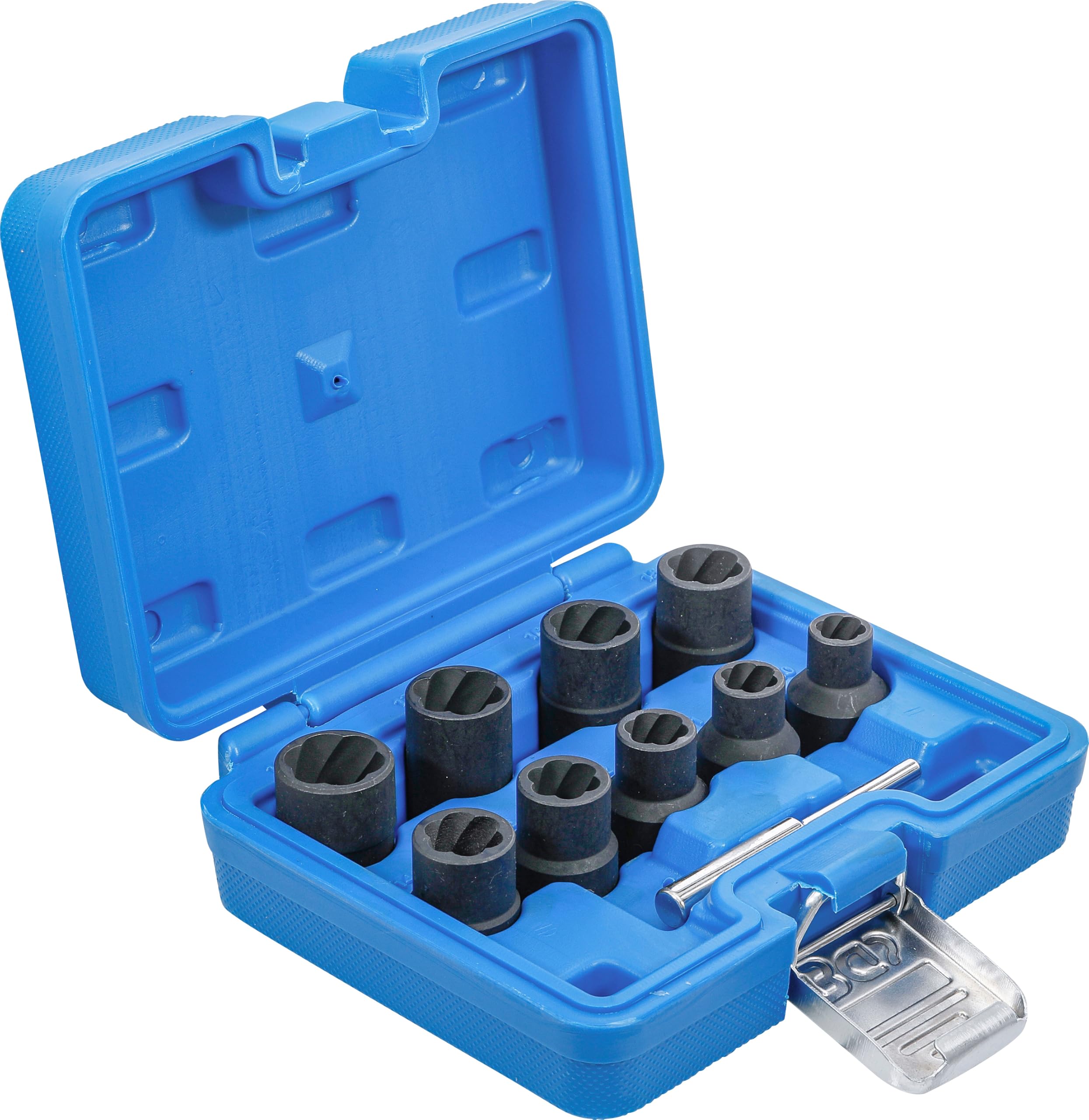 BGS 5266 | Juego de llaves de vaso de perfil en espiral/ extractores de tornillos | entrada 12,5 mm (1/2") | 10 - 19 mm | 10 piezas | Accionamiento cuadrado interior 12,5 mm (1/2") | SW 10 - 19 mm | 10 piezas. | acero al cromo-molibdeno | bruñido, negro
