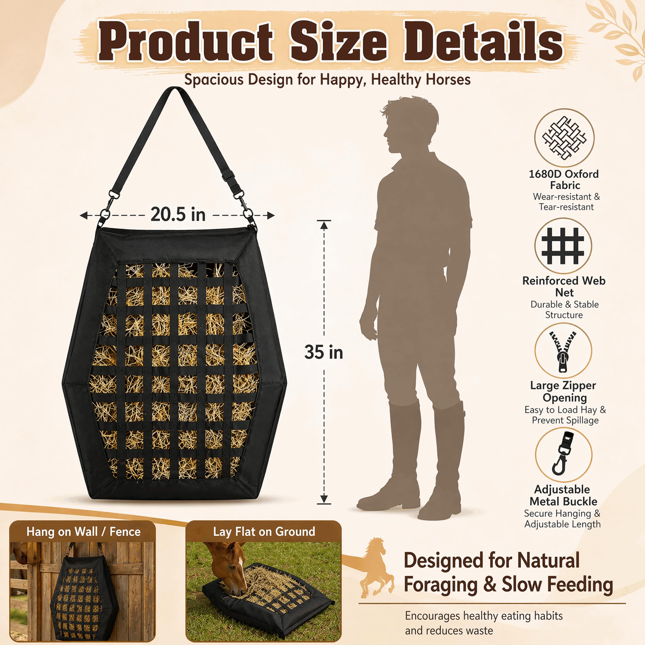 Heunetz für Pferde engmaschig, XXL Heusack für bis zu 30 kg Heu, Heutasche mit extra breiter Öffnung aus 1680D Oxford-Gewebe, Extrem robust, hängend oder am Boden nutzbar, Für Pferde, Ziegen, Kühe