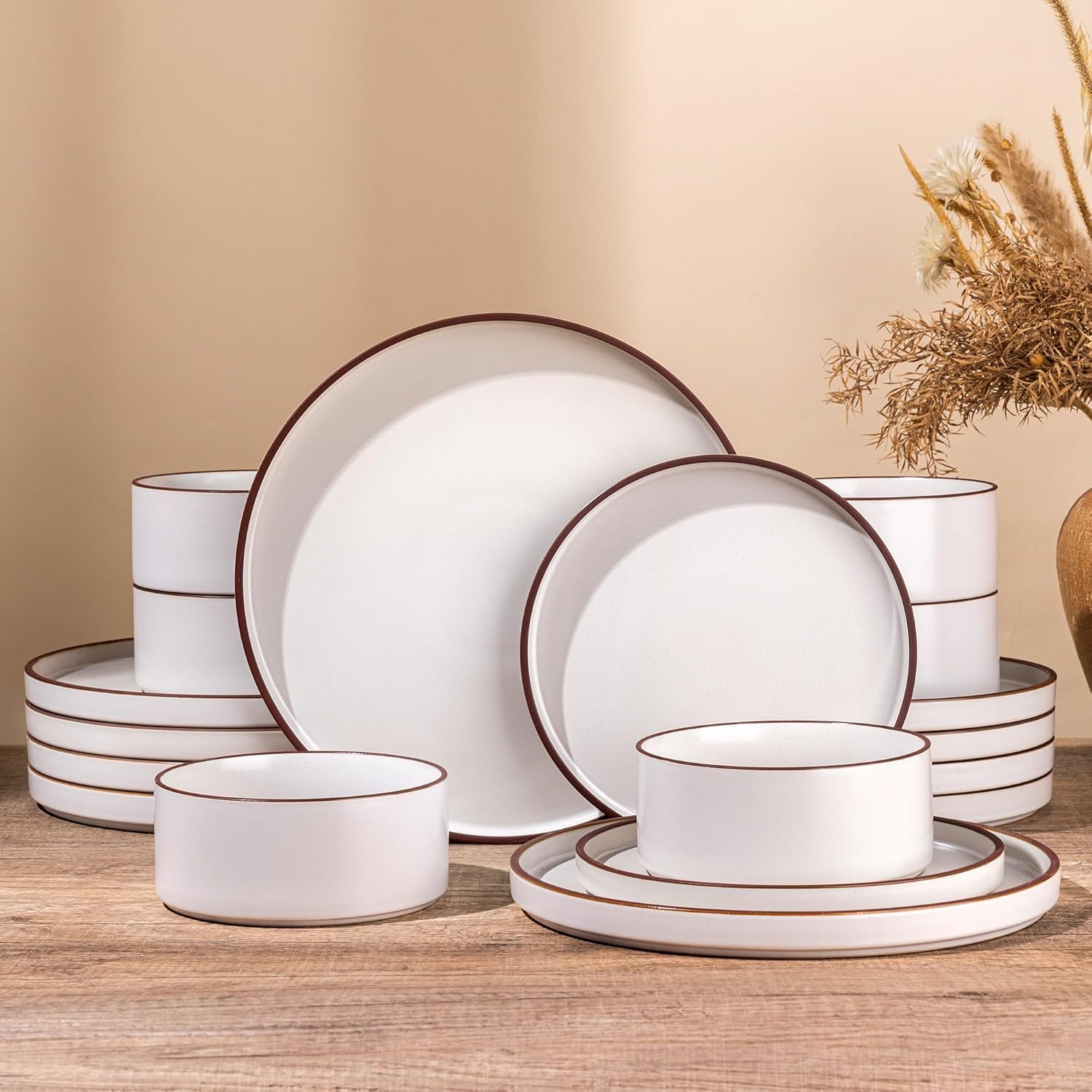 LERATIO Ceramic Dinnerware Sets for 6, High Edge Stoneware Plates and Bowls Set, Chip and Crack Resistant | Oven & Dishwasher & Microwave Safe Dishes Set, Service for 6 -Vanilla White