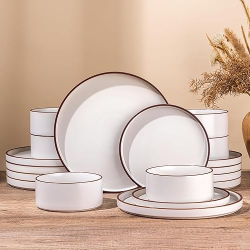 LERATIO Ceramic Dinnerware Sets for 8, High Edge Stoneware Plates and Bowls Set, Chip and Crack Resistant | Oven & Dishwasher & Microwave Safe Dishes Set, Service for 8 -Vanilla White