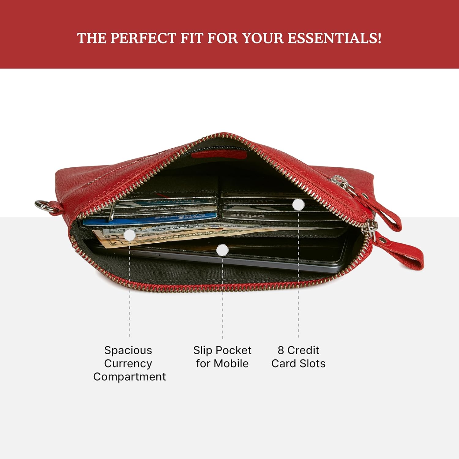 Wristlet Wallet for Women Real Leather Purse & Clutch for Mobile Keys Coins with Credit Card Slots in Gift Box (Red Nappa) - Image 4