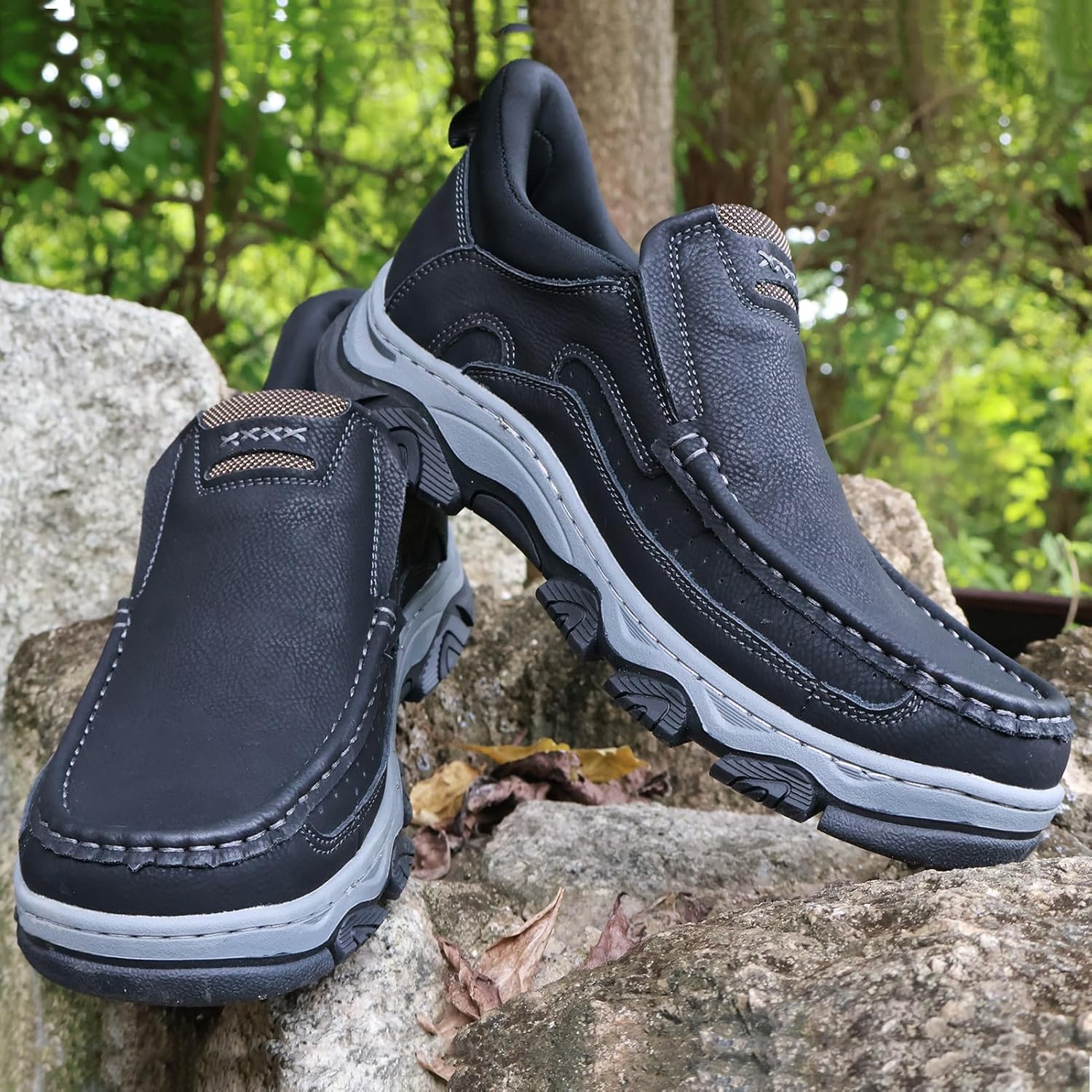 VOCECO Mens Hands Free Slip On Leather Walking Outdoor Slip-Ins Loafers Work Hiking Causal Shoes - Image 3