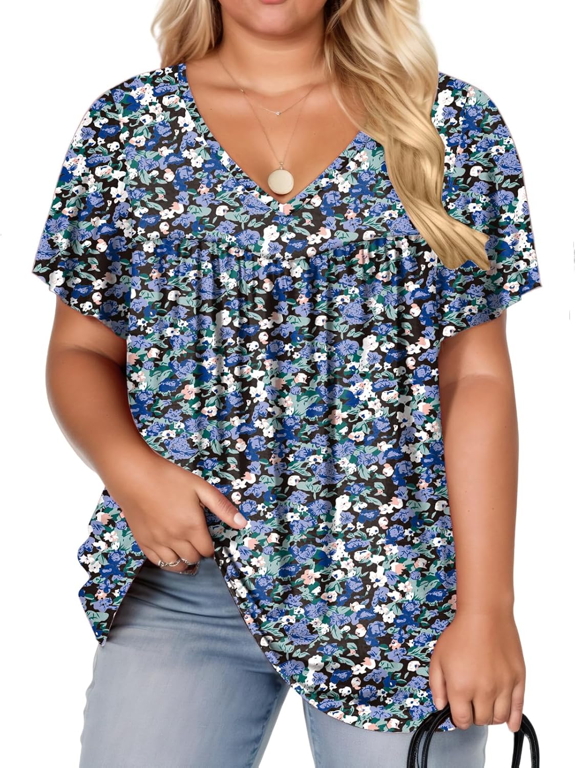 VISLILY Womens-Plus-Size-Summer-Tops Pleated V Neck T Shirts Short Sleeve Blouses Ruffle Flowy Tunics XL-5XL