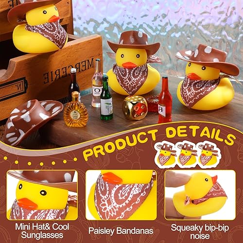 Miniatura 3 de 24 juegos de pato de goma de vaquero con lindo estampado de vaca, sombrero de vaquero y bufanda, mini patos de goma, estampado de vaca, suministros