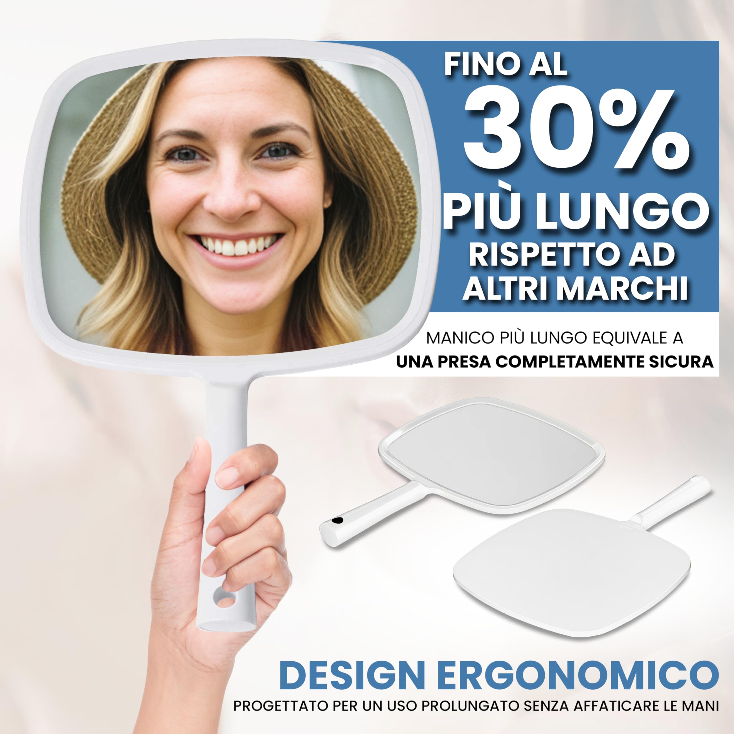 Mirrorvana Specchio a mano con manico ergonomico, specchio portatile per trucco, tagli di capelli domestici, uso dentale e barbiere, 20,3 x 27,9 cm (bianco)