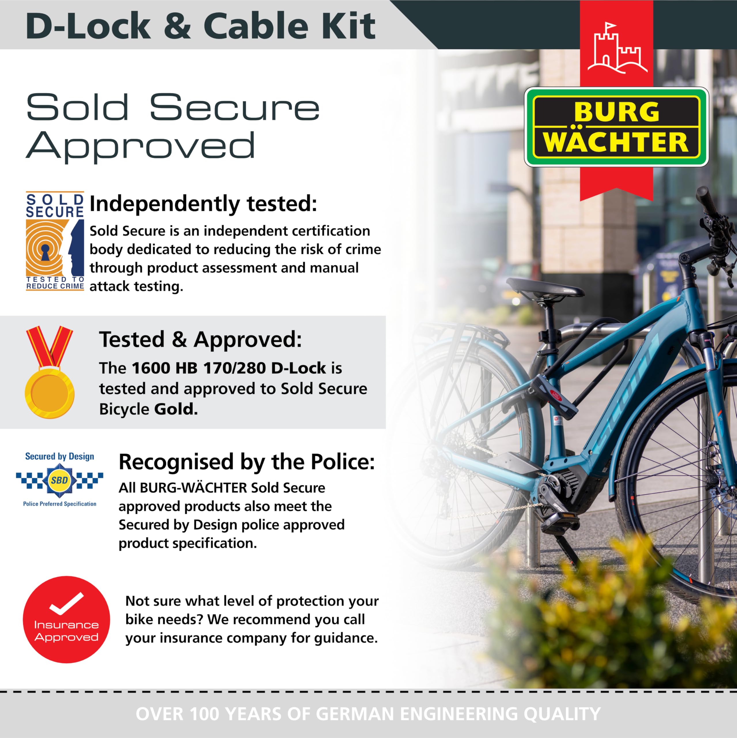 Burg Wächter 1600 HB KIT - Candado en D para bicicleta unisex, color negro, cable grande de 2,1 m
