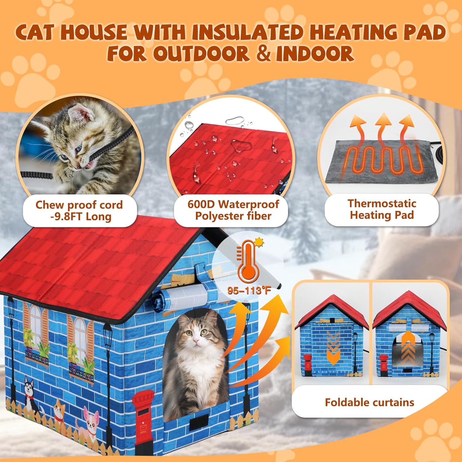 Heated Outdoor Cat House Double Door Heater Cats Shelter,Weatherproof Foldable Heat Kitty House with Insulated Kitten Heating Pad Bed for Feral Barn Cat Kitten Puppy Outside Pets in Winter