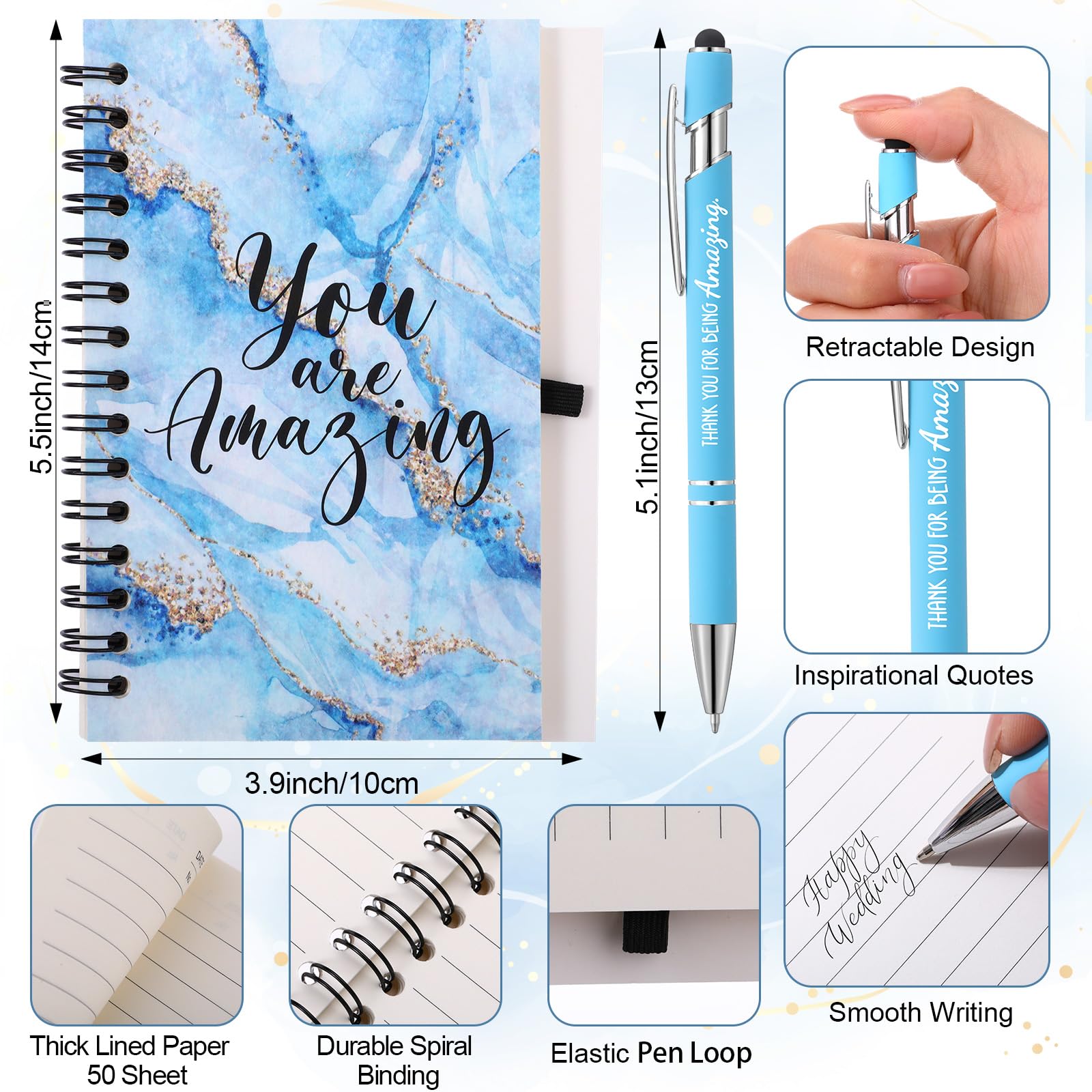 8 Set/48 Pcs Employee Appreciation Gifts Bulk with Gift Bags Colorful Marble Style Notebook Pen 16oz Glasses Cup Makeup Bag Keychain- Women Assistants Secretary Coworker Nurses Team