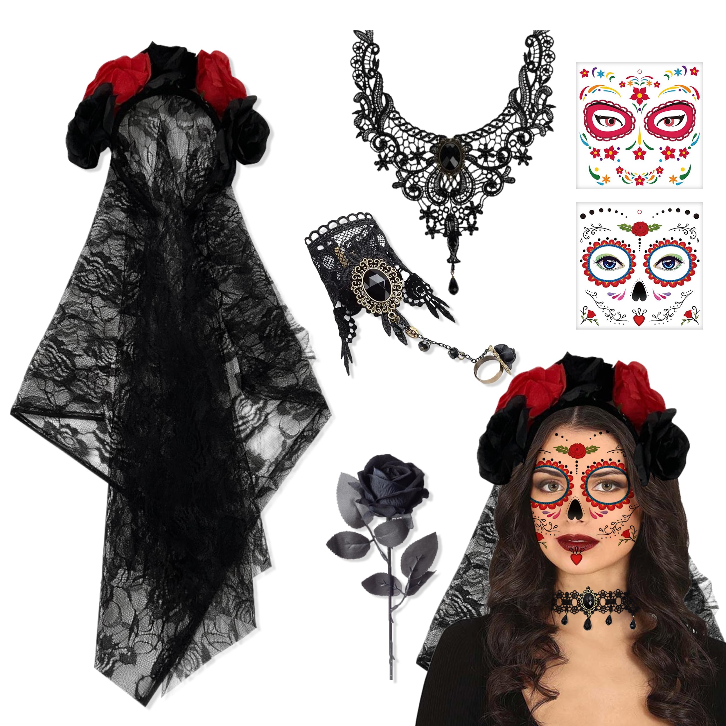 Set Halloween Jour Des Morts - Serre-tête, Voile, Collier, Bracelet & Tatouages - Déguisement Dia De Los Muertos