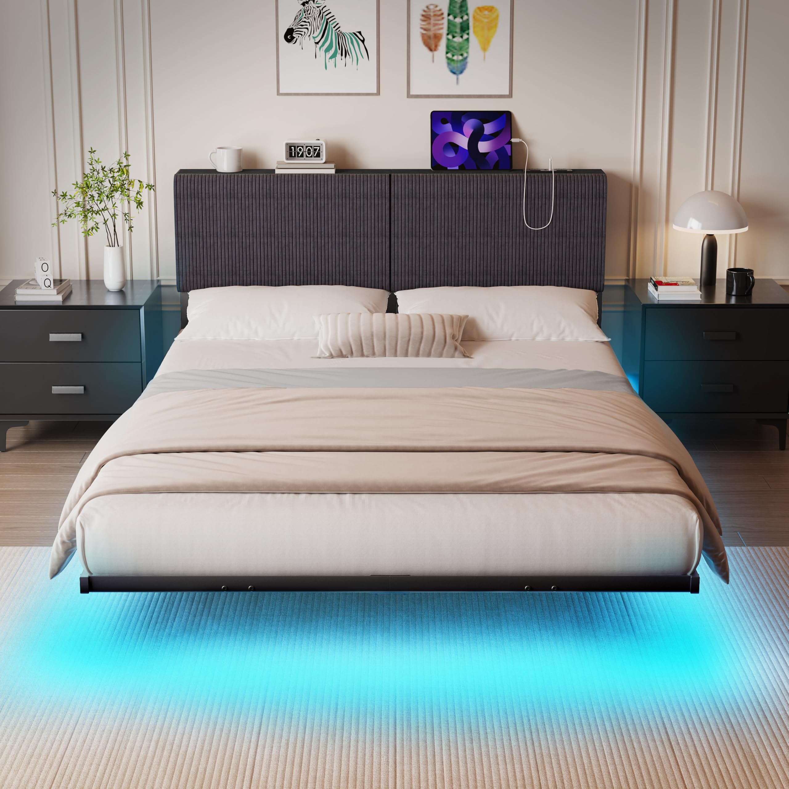 HOMERECOMMEND Floating Full Size Bed Frame,Full Bed Frame with Storage Headboard with Charging Station,Corduroy Upholstered Platform Bed with Smart