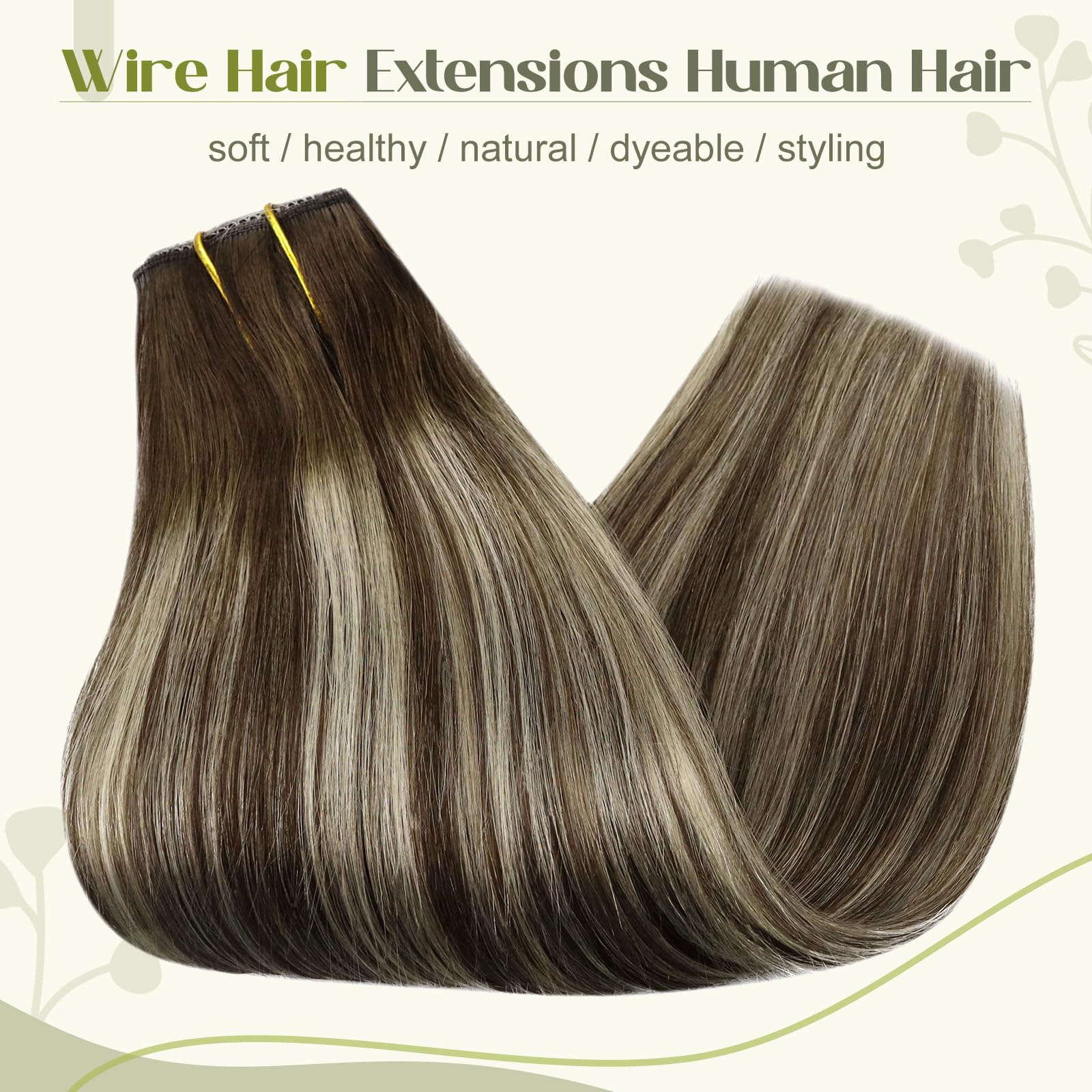 Fshine Extension Filo Invisibile Capelli Veri 40CM 80g Filo Extension Capelli Balayage Castano Scuro Misto A Biondo Platino Wire Hair Remy #2/60/2