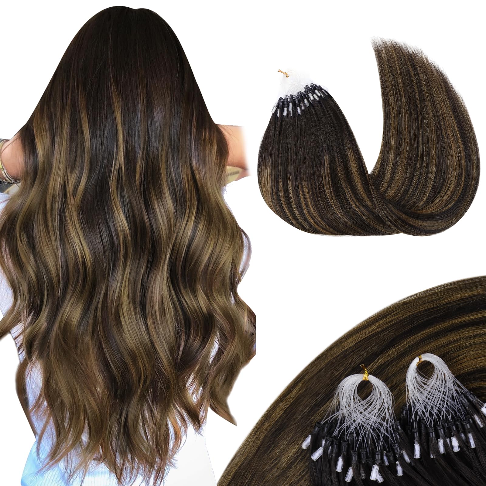 MAXITA Microlink Hair Extensions Human Hair Balayage Dark Brown Mixed Chestnut Brown Micro Bead Hair Extensions Real Human Hair, 50g/50 Strands/Pack,