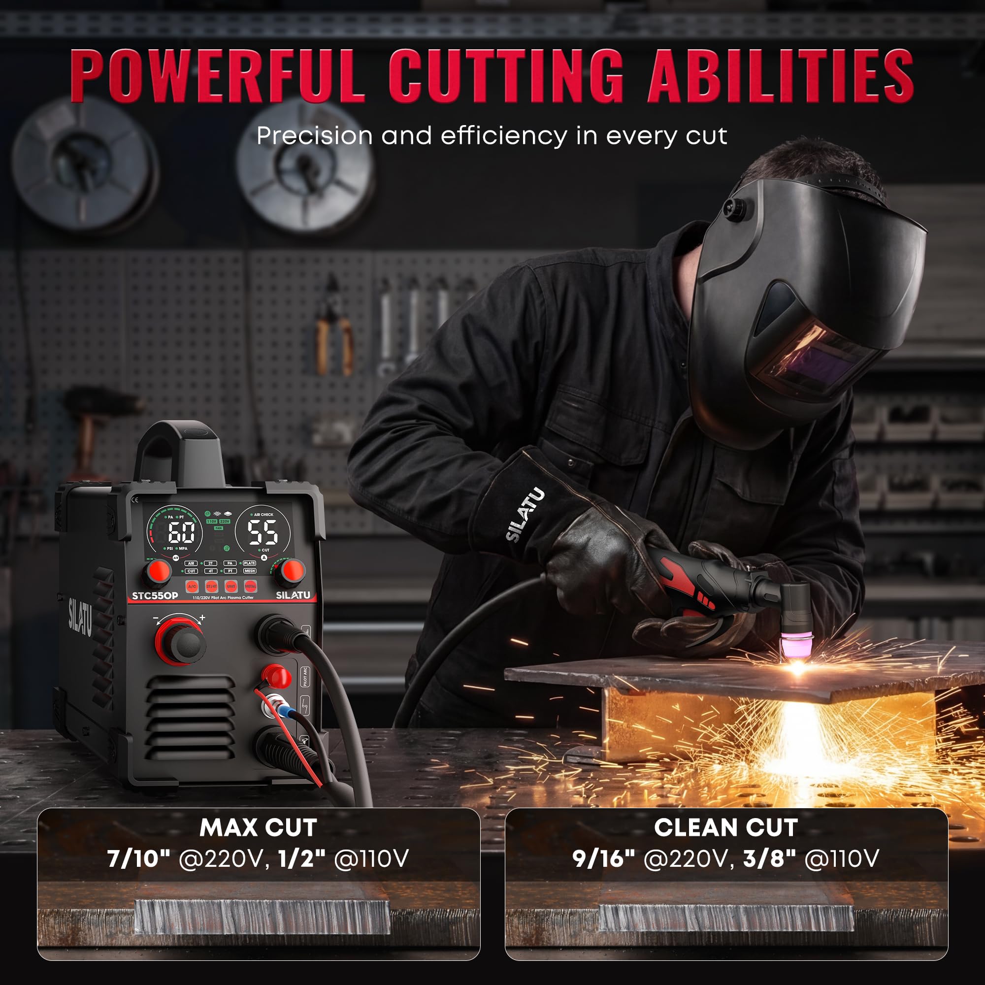 SILATU Taglierina al plasma, STC550P 55 Amps Pilot Arc Plasma Cutter, 110/220V Dual Voltage LED Display Air Sensor, 9/16'' Clean Cut 7/10'' Max Cut, Mesh Cutting, PT/2T/4T per principianti fai da te