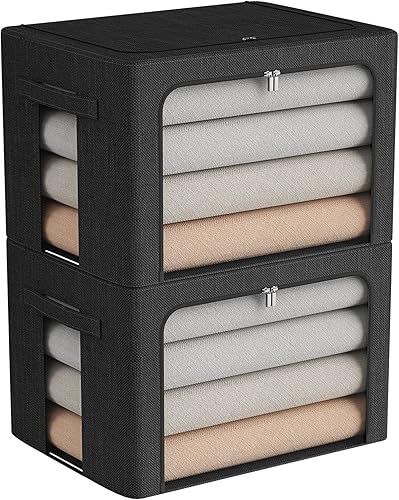 Paquete de 2 contenedores de almacenamiento de ropa, caja de almacenamiento plegable con marco de metal, juego organizador de tela de lino de gran