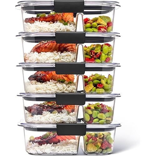 Rubbermaid Brilliance Meal Prep Containers, 2-Compartment Food Storage Containers, 2.85 Cup, 5-Pack, BPA-Free, Clear/Grey