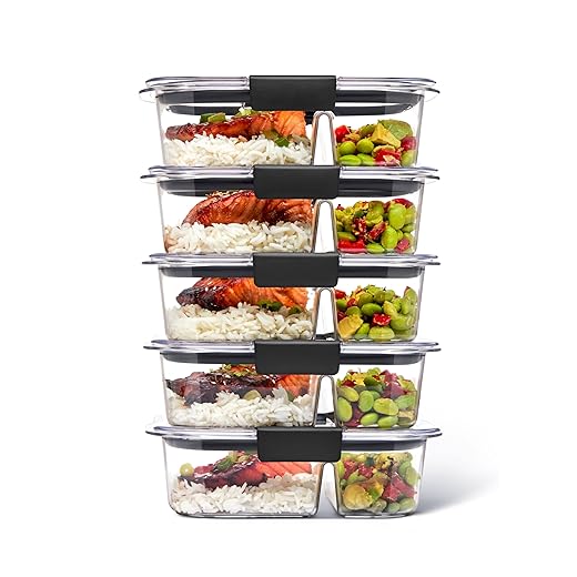 Rubbermaid Brilliance BPA Free Food Storage Containers with Lids, Airtight, for Lunch, Meal Prep, and Leftovers, 2 Compartments, Set of 5 (2.85 Cup)