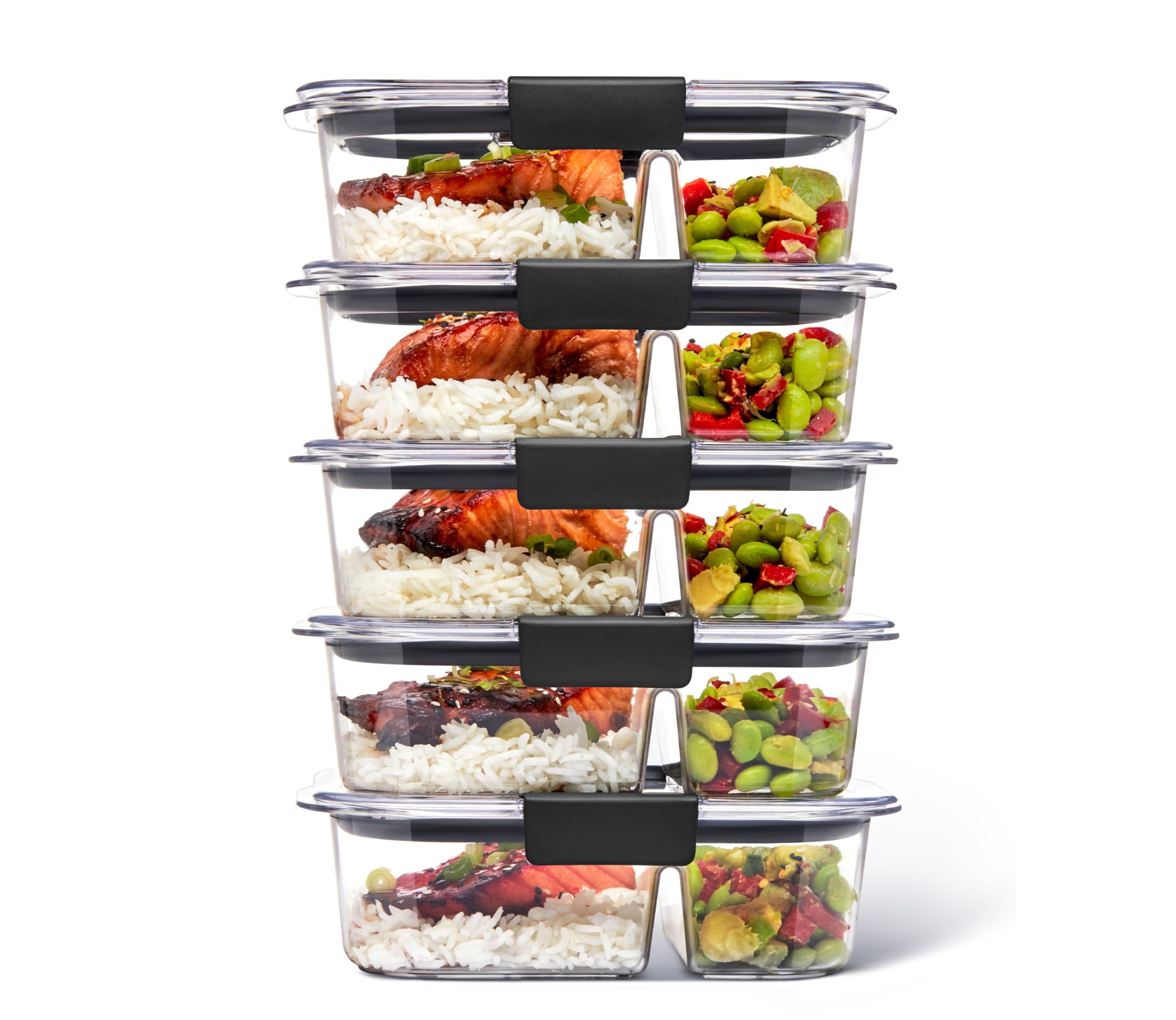 Rubbermaid Brilliance Meal Prep Containers, 2-Compartment Food Storage Containers, 2.85 Cup, 5-Pack, BPA-Free, Clear/Grey