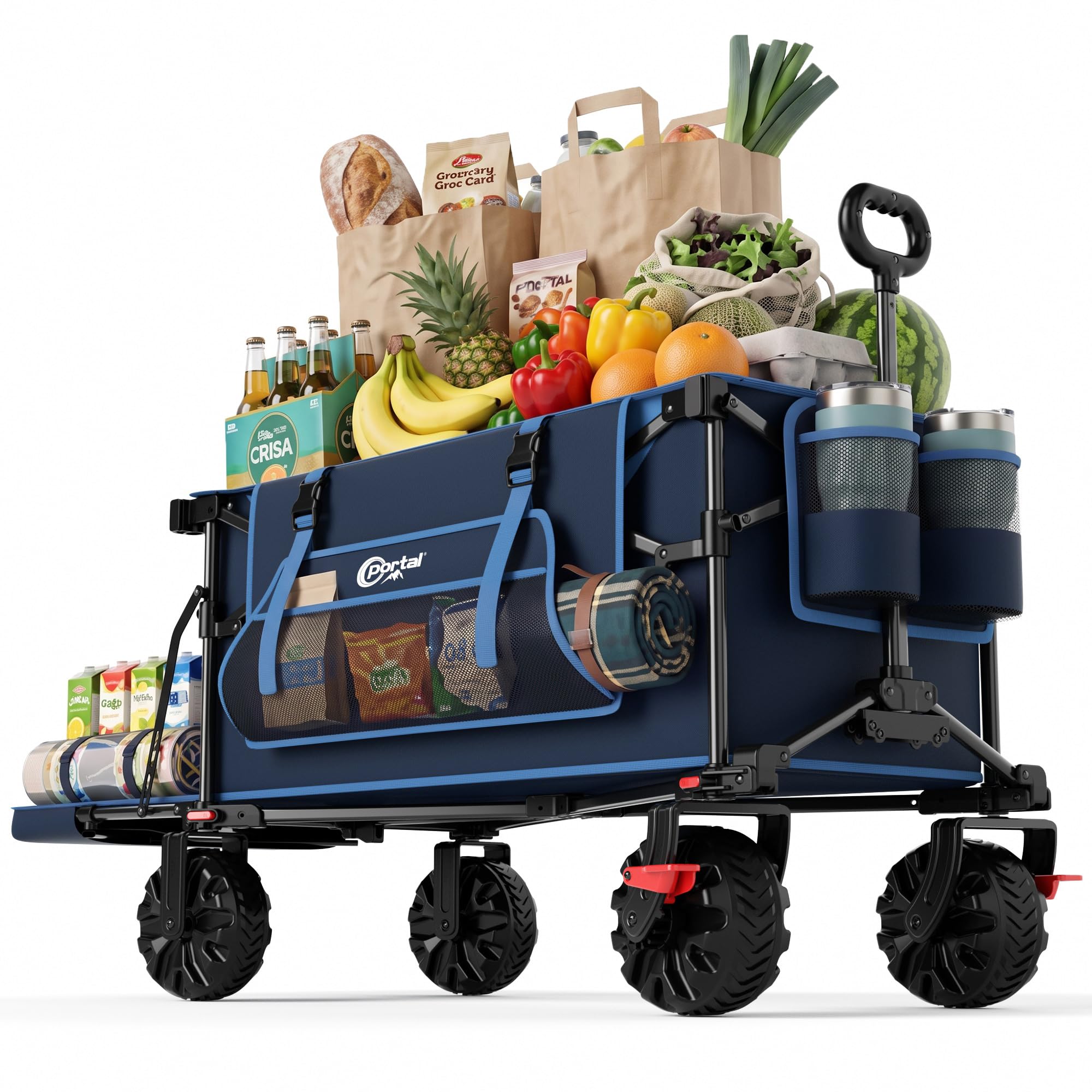 Portal 400L Beach Trolley Cart for Sand with Drop-Down Tailgate Festival Camping Trolley Heavy Duty All-Terrain Big Wheels Foldable Pull along Wagon Cart for Garden Shopping Transport