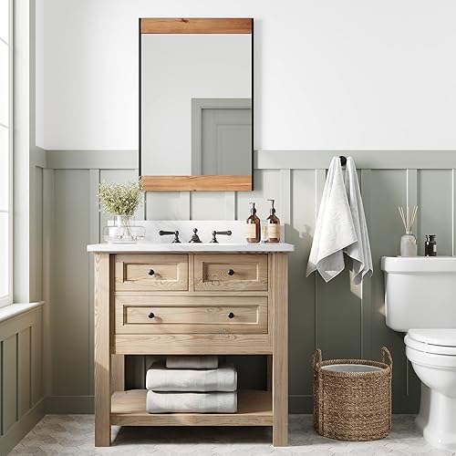 Miniatura 8 de Barnyard Designs Espejo de pared de madera estilo casa de campo de 24 x 36 pulgadas, espejo moderno con marco de metal rústico y madera para tocador