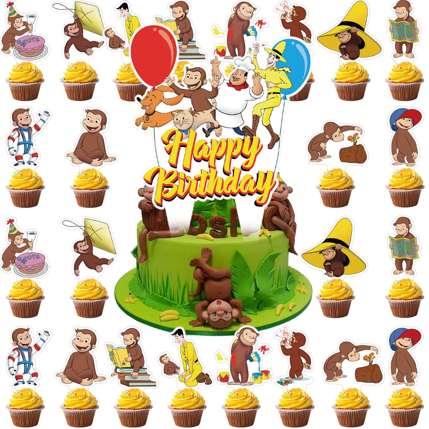 37Pack George of Curious Cake Decorations,Curious Monkey George Party Supplies with 36pcs Cupcake Toppers, 1pcs Big Cake Topper for George Monkey Birthday Party Supplies