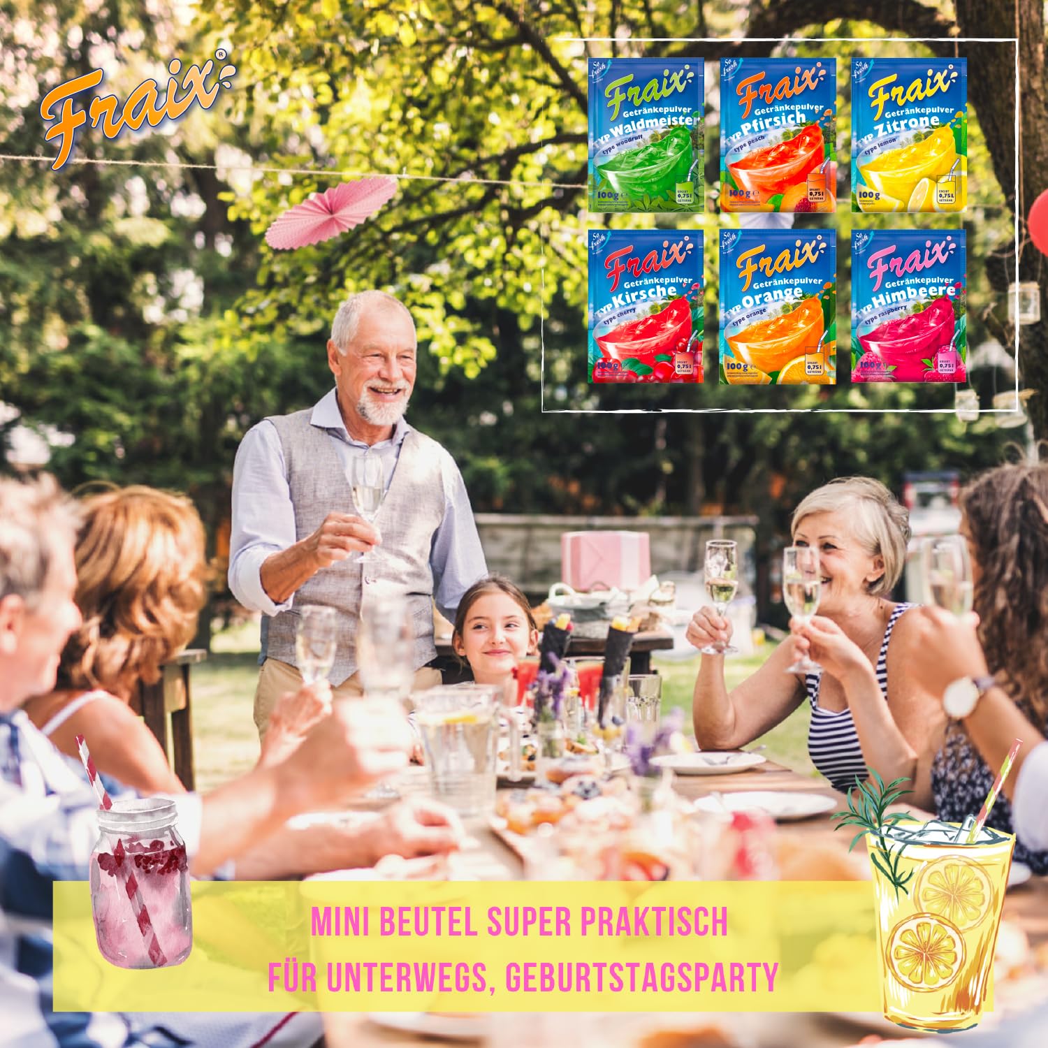 FRAIX Getränkepulver 6 Sorte Mixed Vorteilspack - je 25 Packungen (150er Pack x 100g) 6 Geschmacksrichtungen - Perfekt für Familie, Picknick, Party, Camping, unterwegs