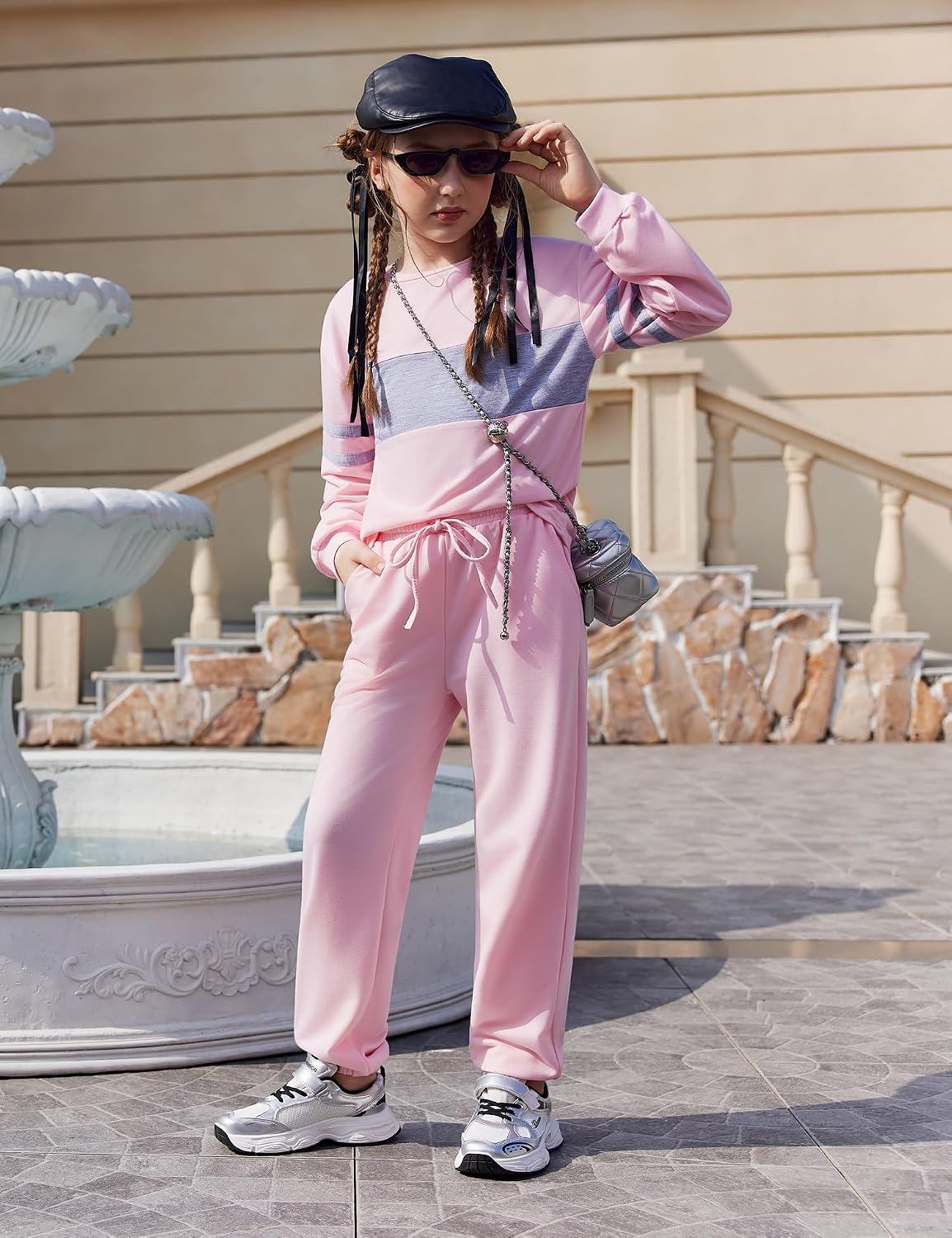 Arshiner Girls' Clothing Sets Sweatsuits Long Sleeve Color Block Pullover Sweatshirts and Lounge Pants with Pocket