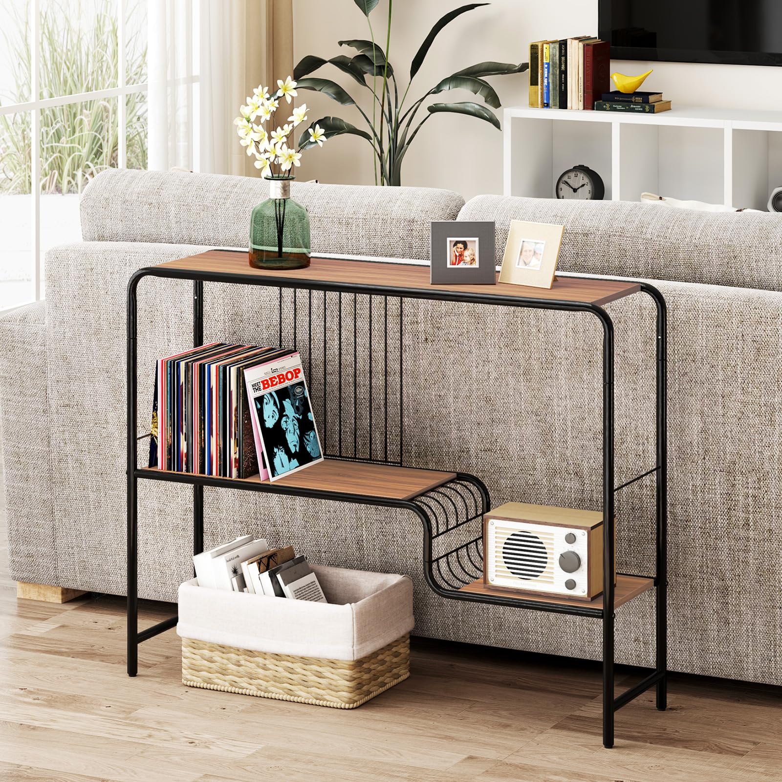 LIFEZEAL Tavolo Console, Tavolo Consolle Nero, Tavolo d'Ingresso, Gambe Circolari, Legno+Metallo, Moderno, Salvaspazio, Antiribaltamento, per Corridoio, Entrata, Soggiorno, Max 75kg, 100x30x80cm