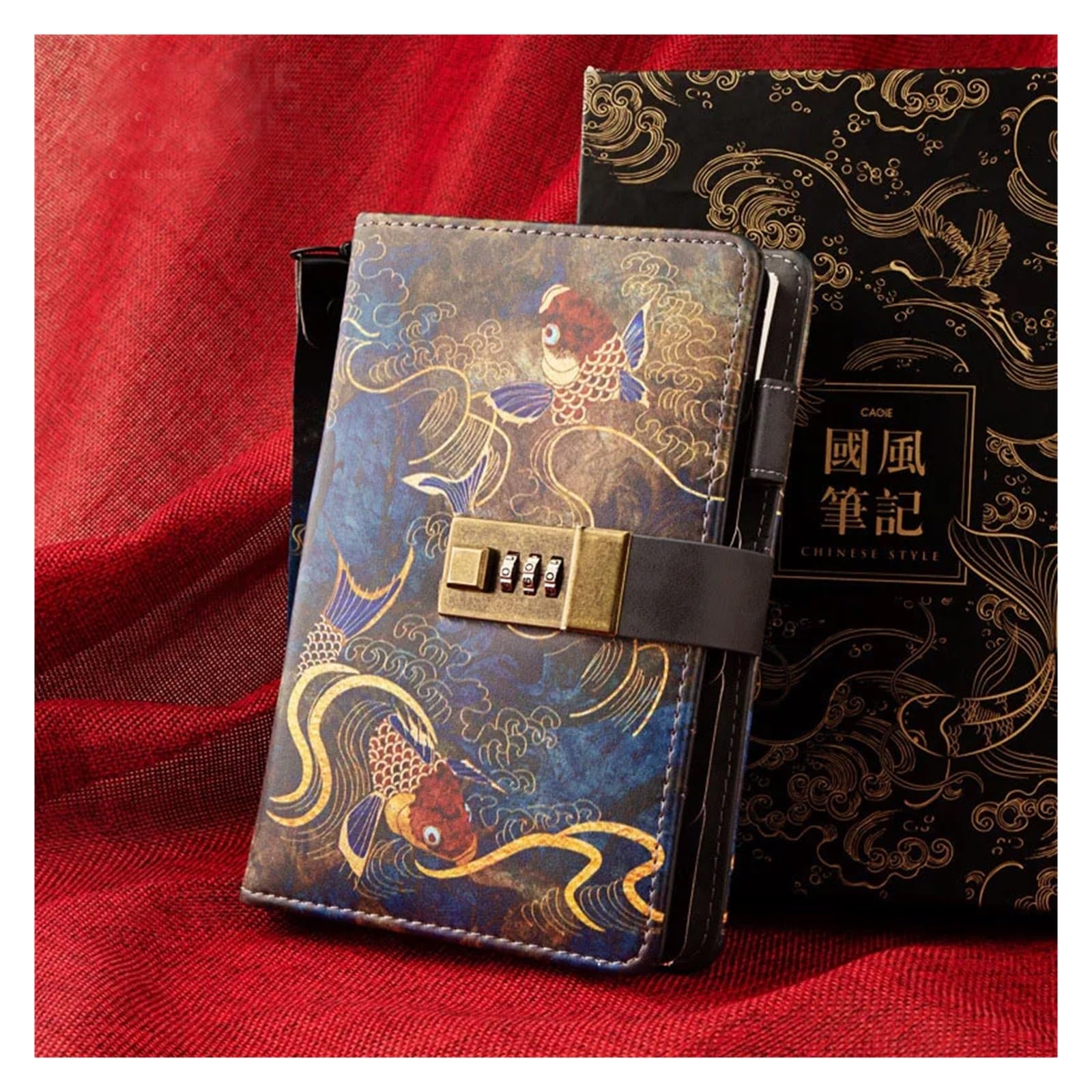 Tagebuch Mit Schloss A6 Chinesischer klassischer Stil mit Schloss, Passwort, Tagebuch, Büchern, Federbinder-Notizbuch (ohne Stift)(Cryprinus carpiod)