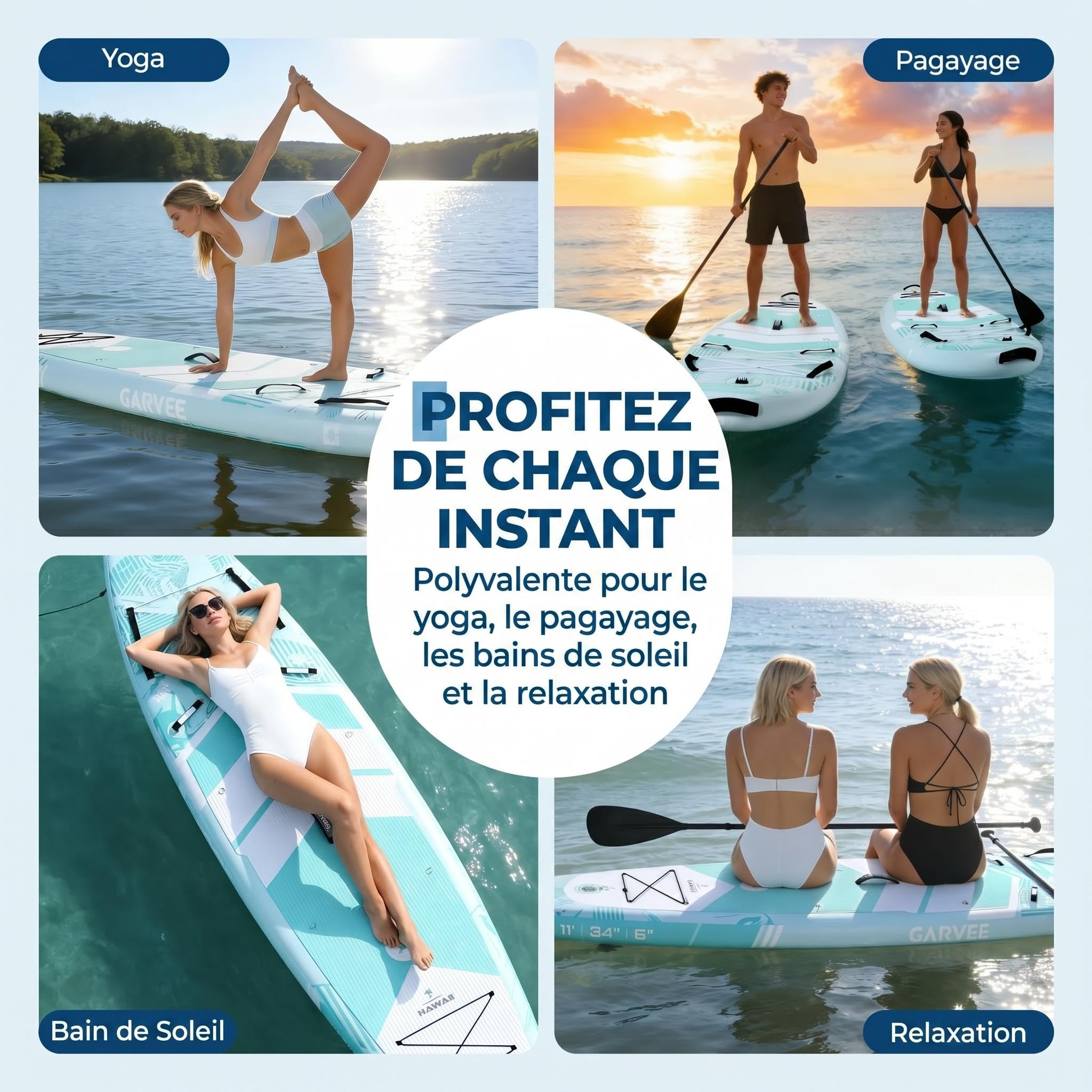 Garvee Sup Gonflable Haut de Gamme - Planche Debout Paddle avec Support caméra, pagaie réglable, Accessoires complets, Stable et Durable - Facile à Transporter - Taille 335×86×15 cm