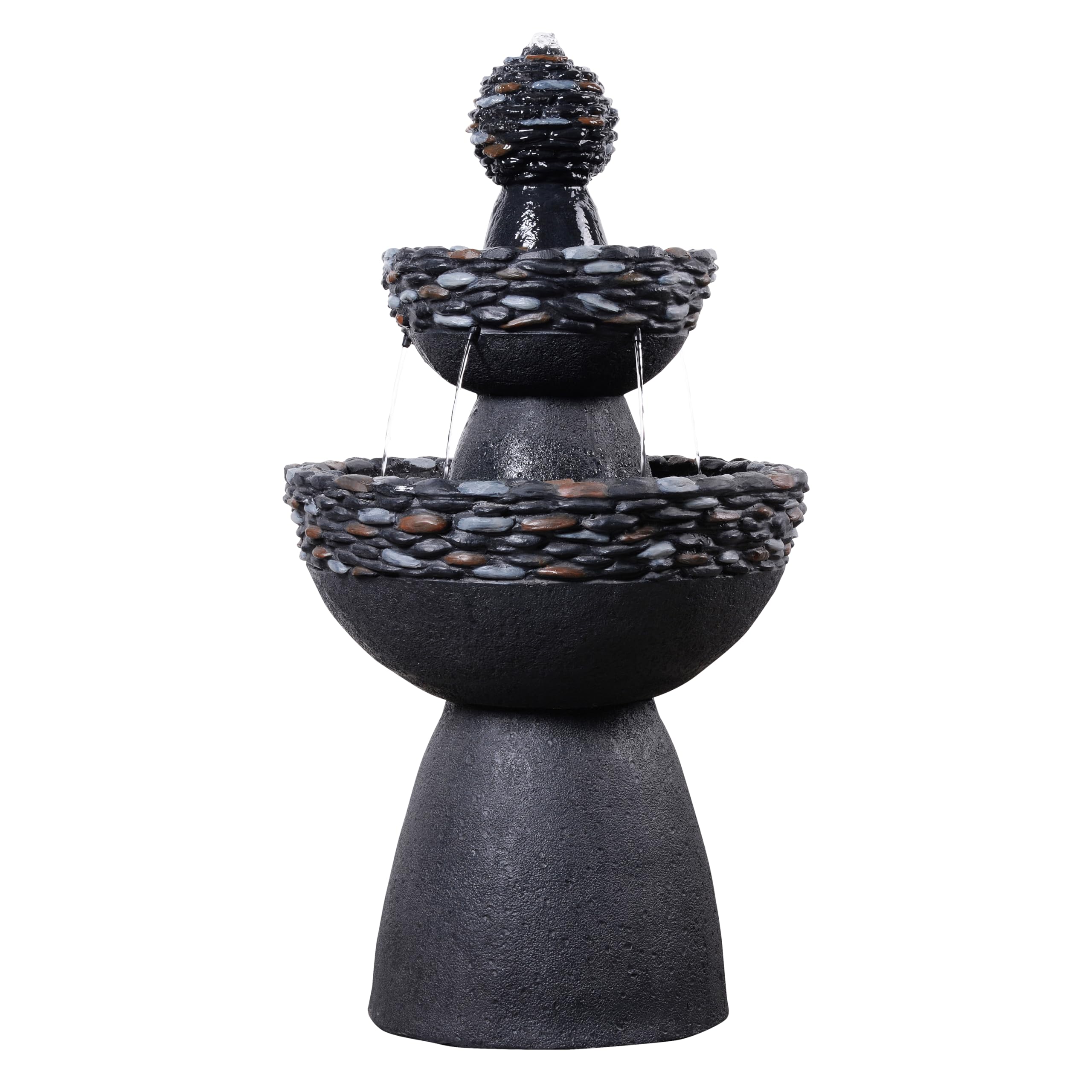 Teamson Home Garten Outdoor Brunnen Klassischer 3-stufiger Sockelbrunnen mit LED-Lichtern, Einstellbarer Fluss, dunkelgraues Steinoptik-Finish