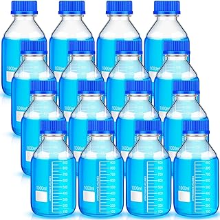 16 Pieces Media Storage Bottles Borosilicate Storage Glass Bottle Scientific Round Graduated Media Bottle with Blue Gl45 Screw Cap for Lab Water Reagent Liquids (1000 ml)