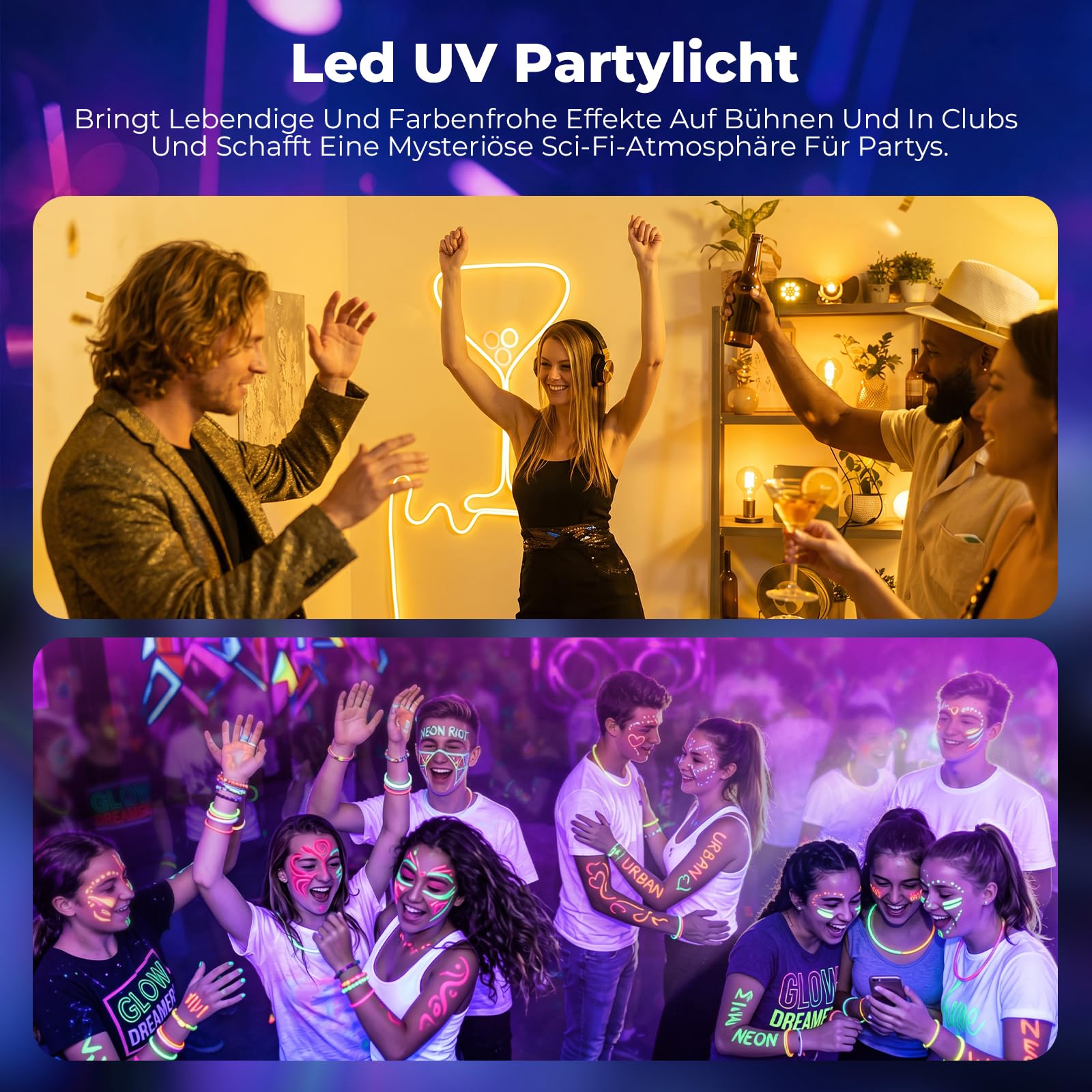 7-in-1 Discokugel, Discolicht Partylicht mit Doppel Bällen, Musikgesteuertes DJ Licht, RGB LED Disco Licht, UV Effekt, Rotierende Discokugel für Club, Karaoke, Party, Halloween, Weihnachten