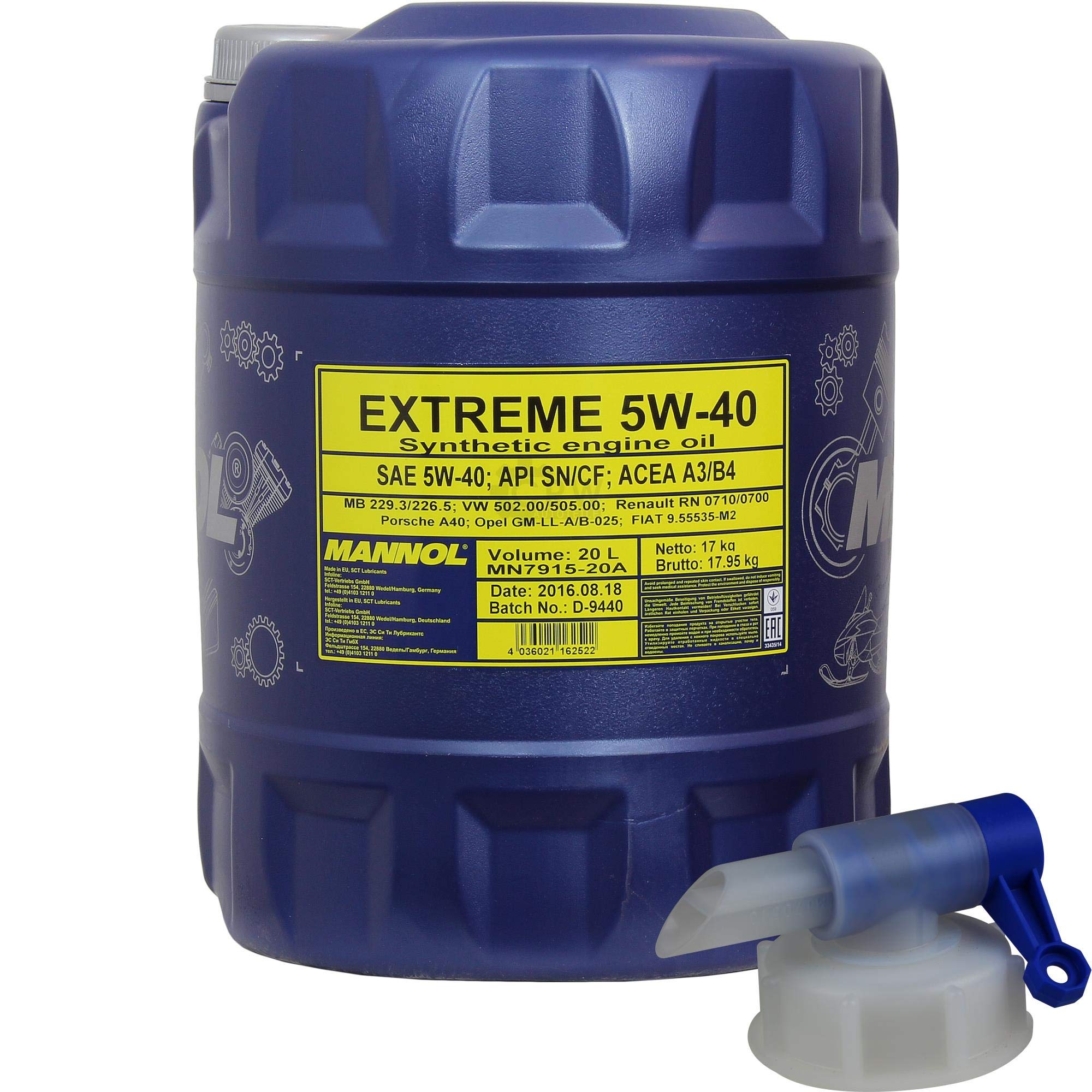 Huile moteur MANNOL Extreme 5W-40 API SN/CF MN7915-20 20 litres avec robinet