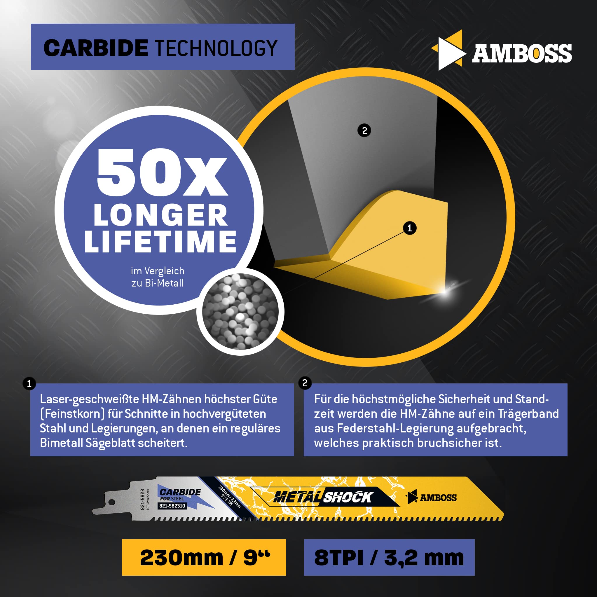 AMBOSS METAL SHOCK - 3x Säbelsägeblatt Länge 230 mm / 8 ZpZ - ideal für Abriss/Fahrzeugrettung/Aufbau/Demontage/Rohrleitungsbau - geeignet für Stahl (Rohre/Profile/Träger) sowie Gussrohre